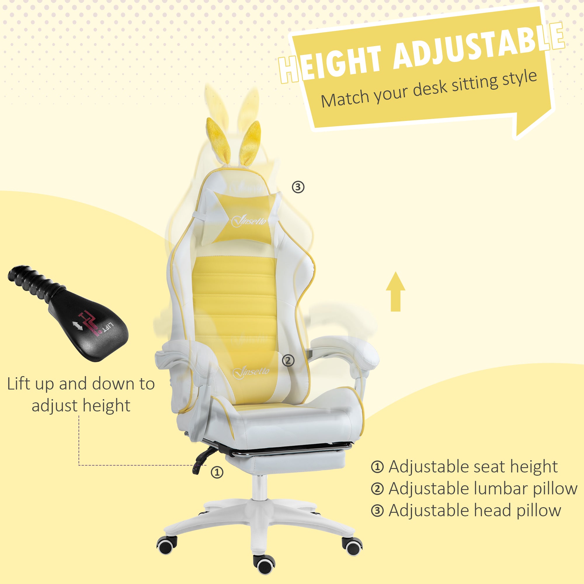 Vinsetto Racing Gaming Chair, Reclining PU Leather Computer Chair with Removable Rabbit Ears, Footrest, Headrest and Lumber Support, Yellow - North Peak Garden Furniture