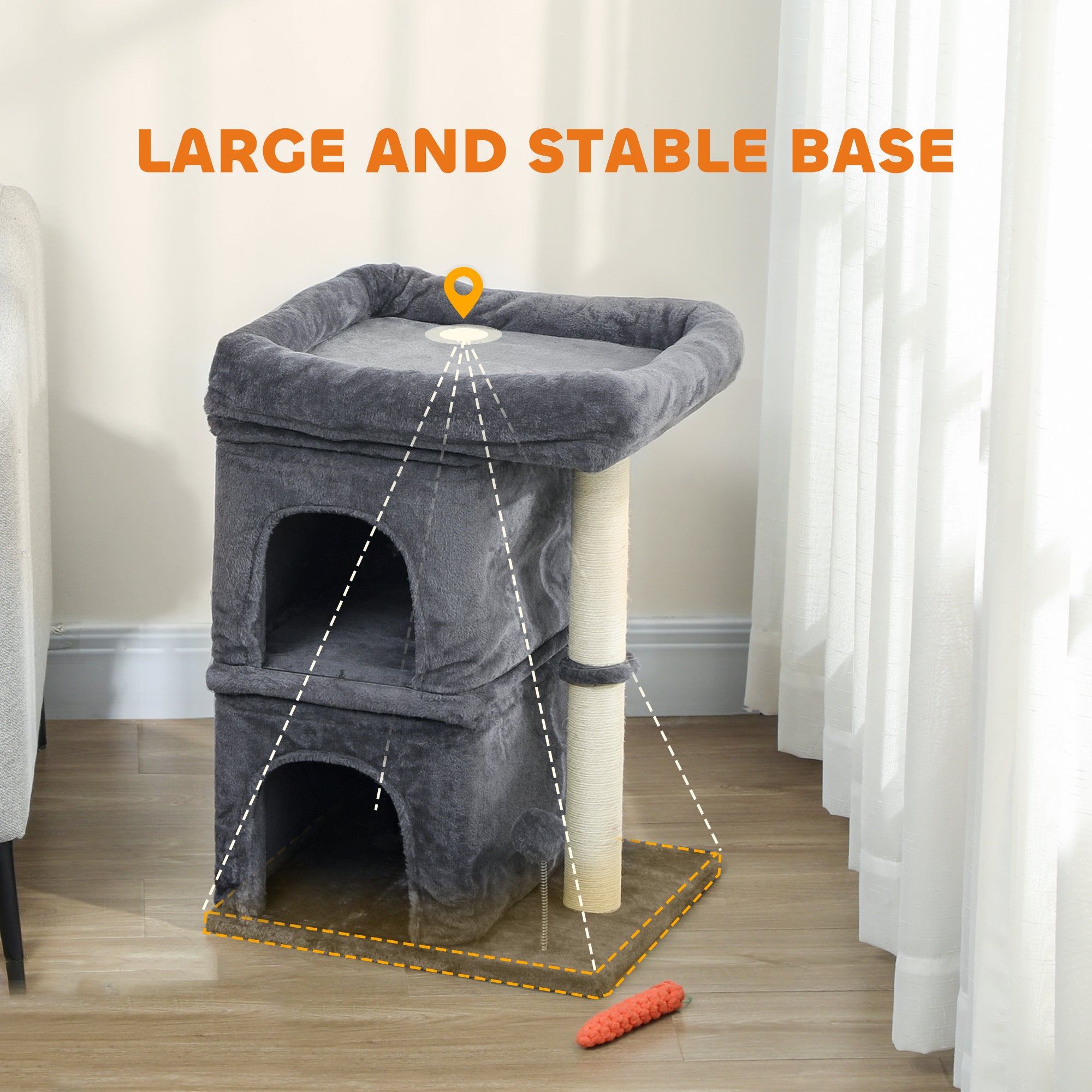 PawHut 66 cm Small Cat Tree for Large Cats, Cat Tower w/ Large Top Perch, 2 Condos, Sisal Scratching Post, Toy Ball, Dark Grey