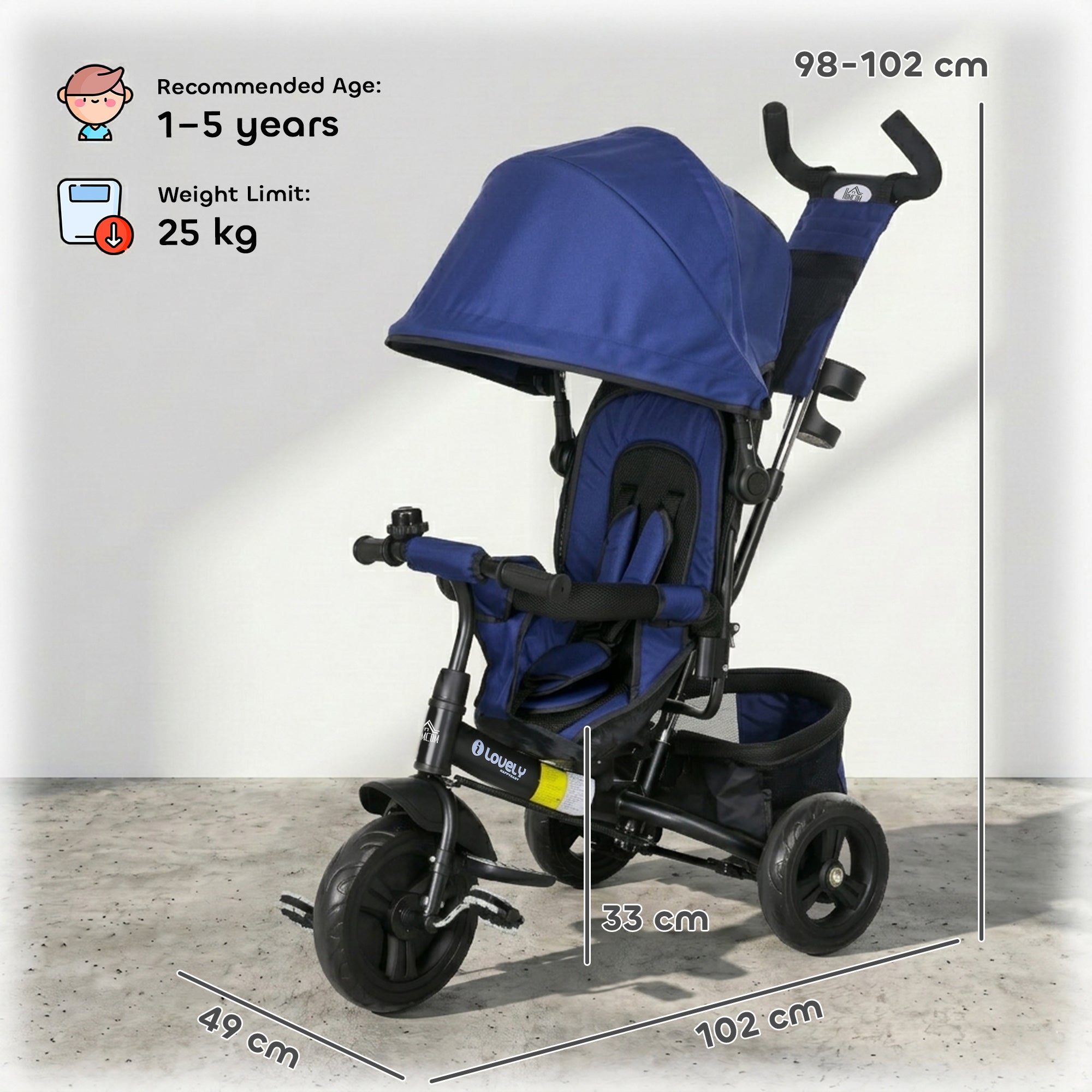 HOMCOM 6 in 1 Kids Trike Push Bike w/ Push Handle, Canopy, 5-point Safety Belt, Storage, Footrest, Brake, for 1-5 Years, Blue