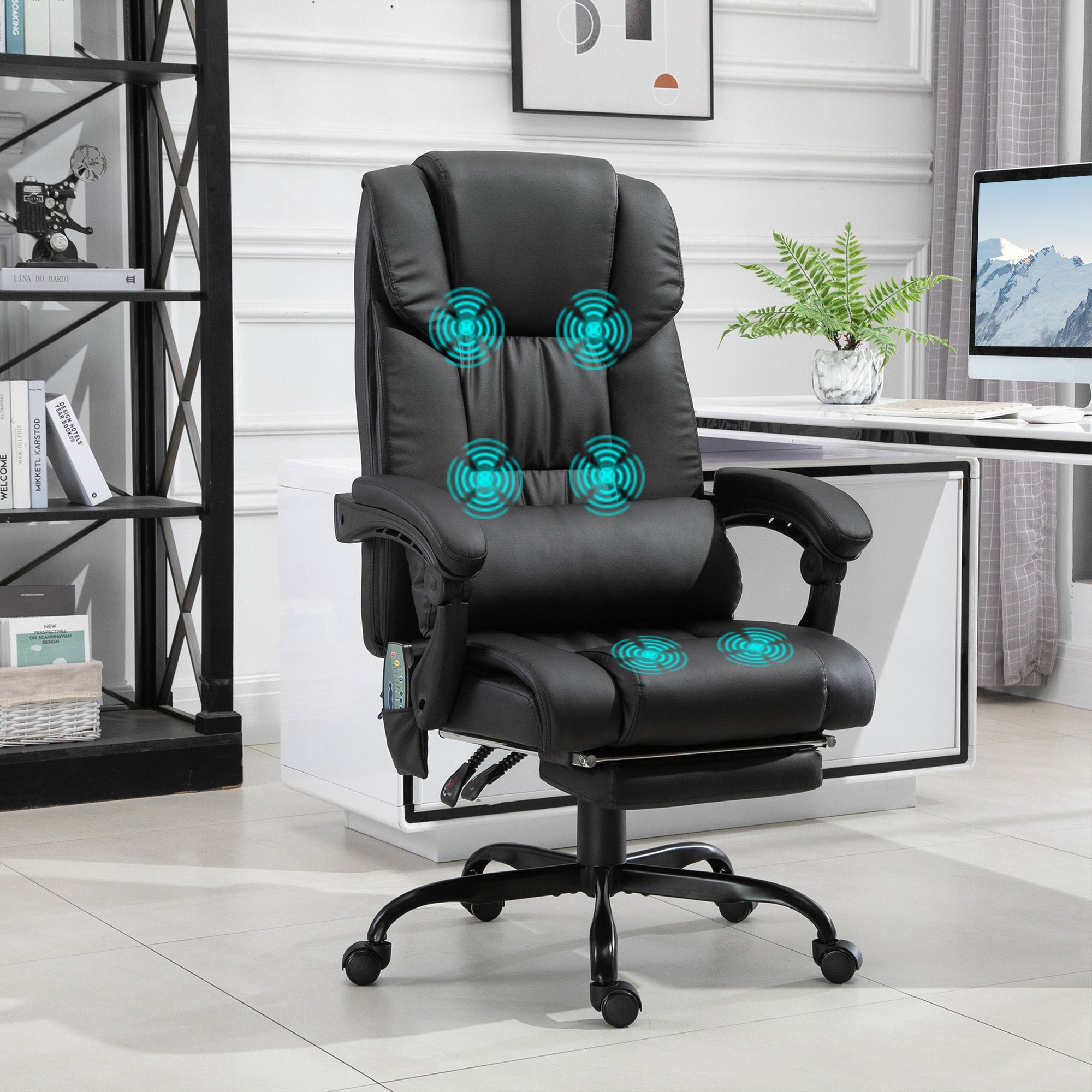 Vinsetto 6-Point Massage Office Chair, PU Leather Desk Chair with Adjustable Height and Footrest for Home Office, Black - North Peak Garden Furniture