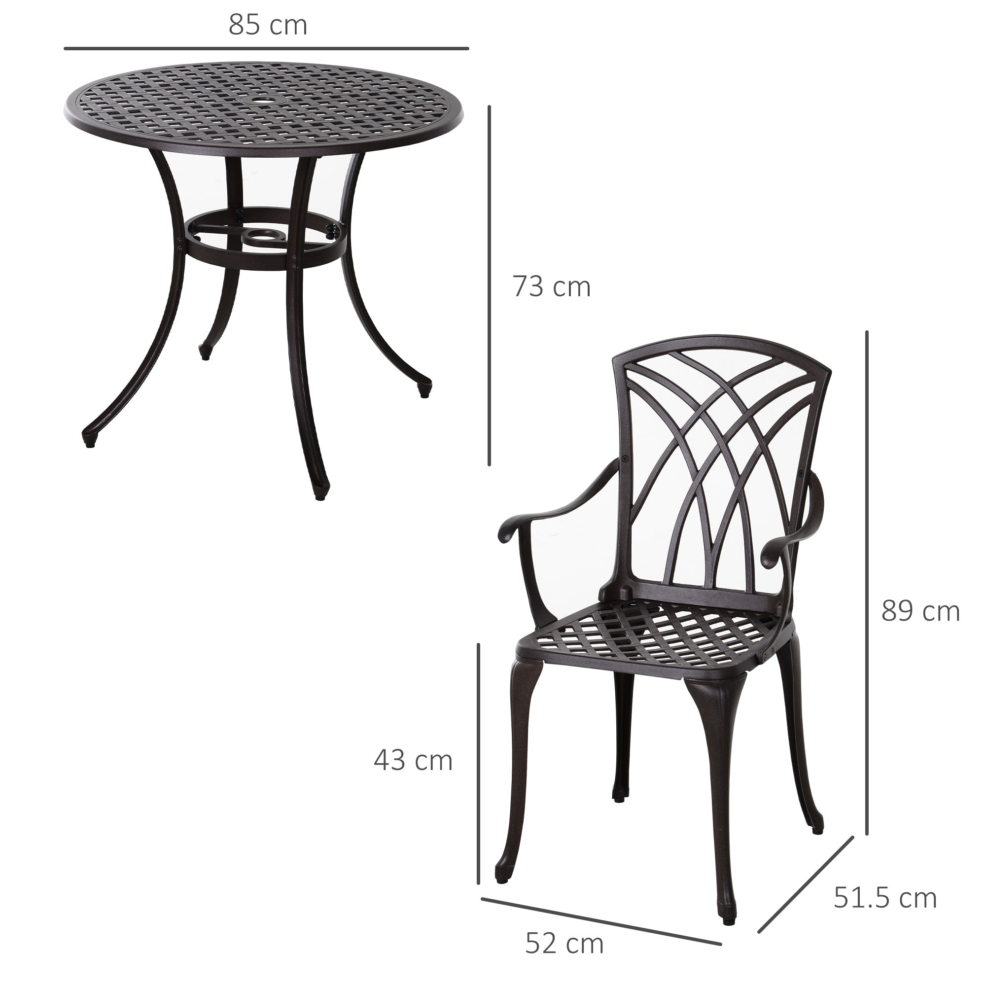 Outsunny 5 Pieces Outdoor Dining Table Set, Cast Aluminium Patio Conversation Furniture Set with 4 Armchairs, a Round Dining Table with Parasol Hole, Brown - North Peak Garden Furniture