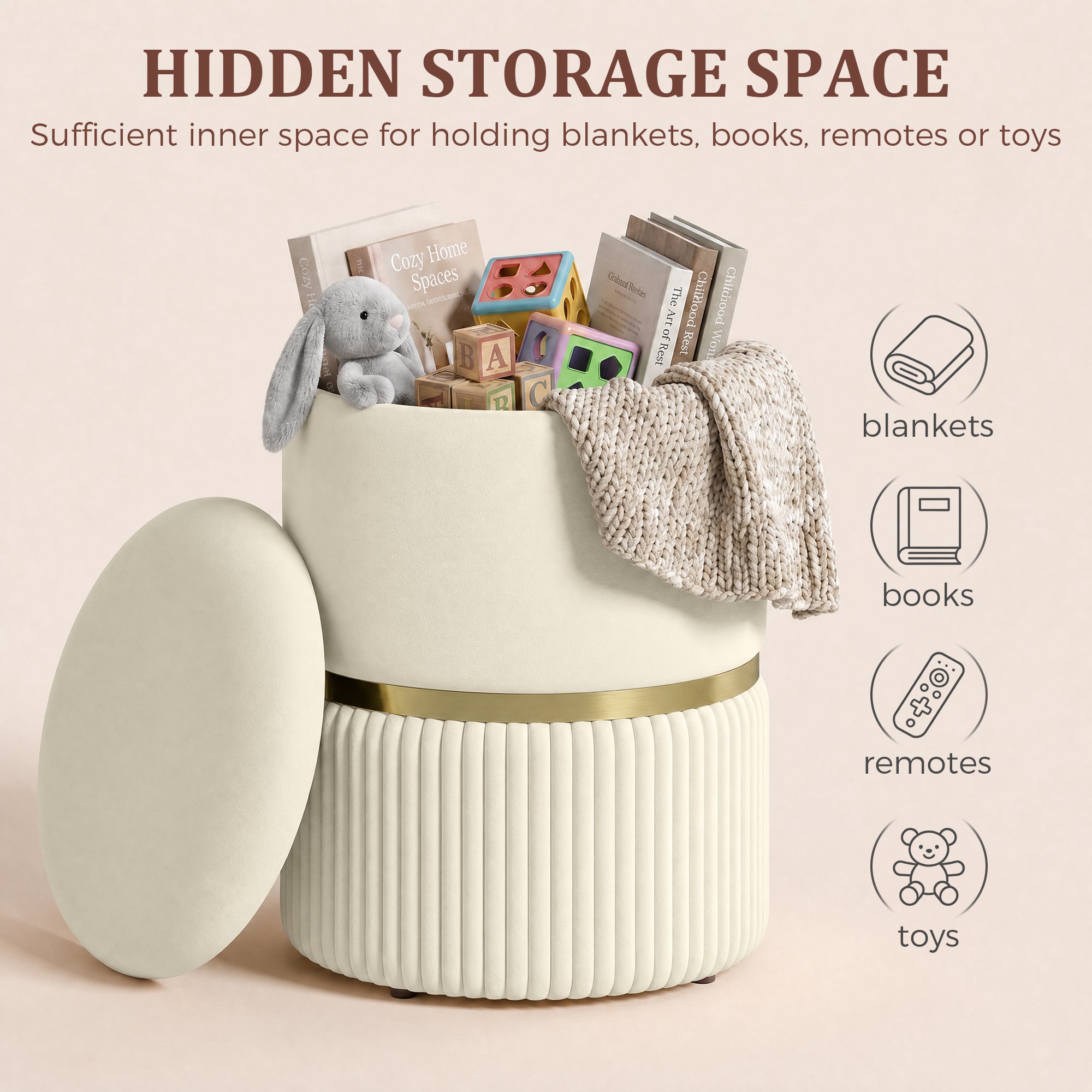 HOMCOM Round Storage Stool, Velvet-feel Fabric Upholstered Vanity Stool with Removable Top, Padded Seat and Hidden Space, Beige