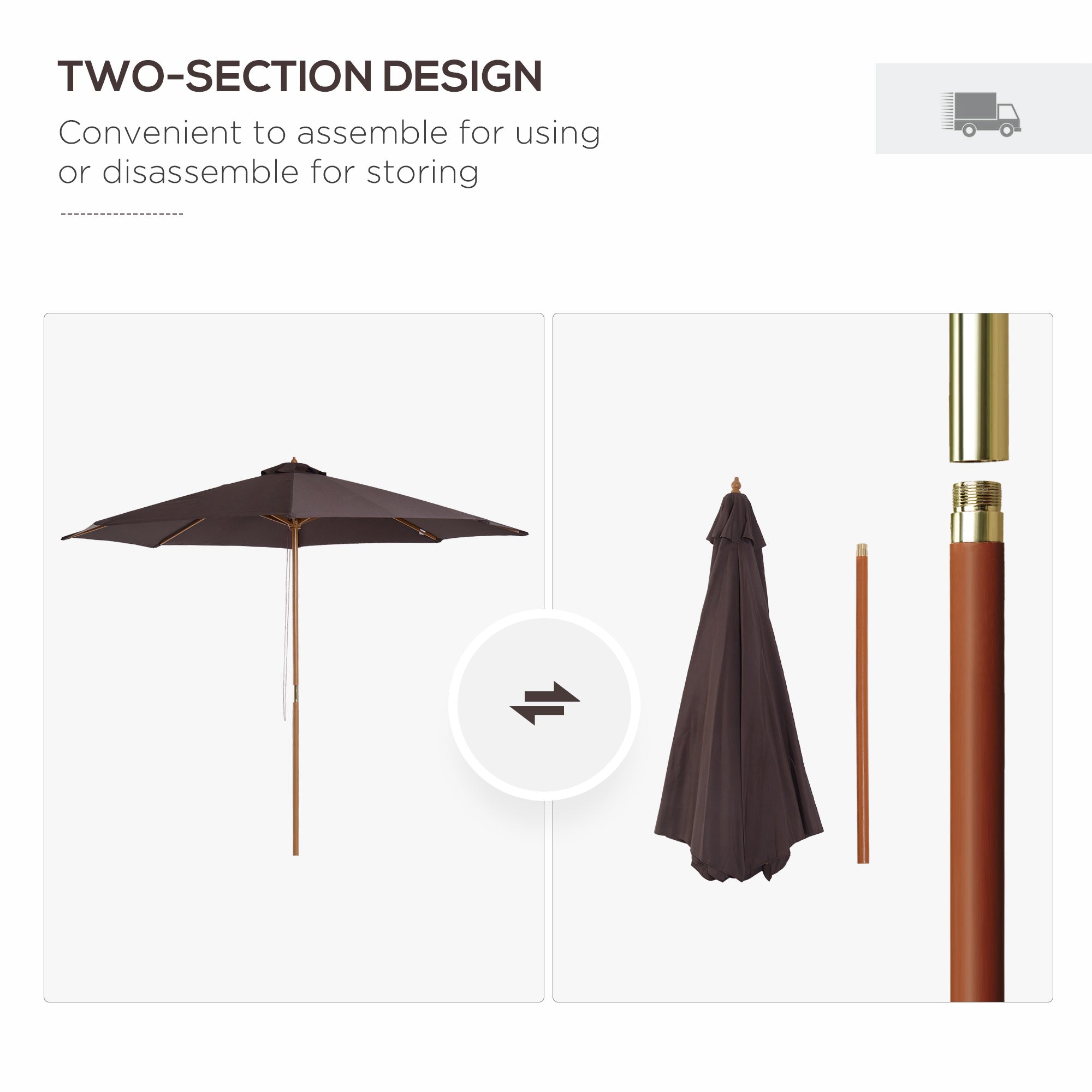 Outsunny 3(m) Garden Parasol, Pulley Operated Patio Umbrella, Wooden Table Market Umbrella with Rope Pulley Mechanism and 8 Ribs, Coffee - North Peak Garden Furniture