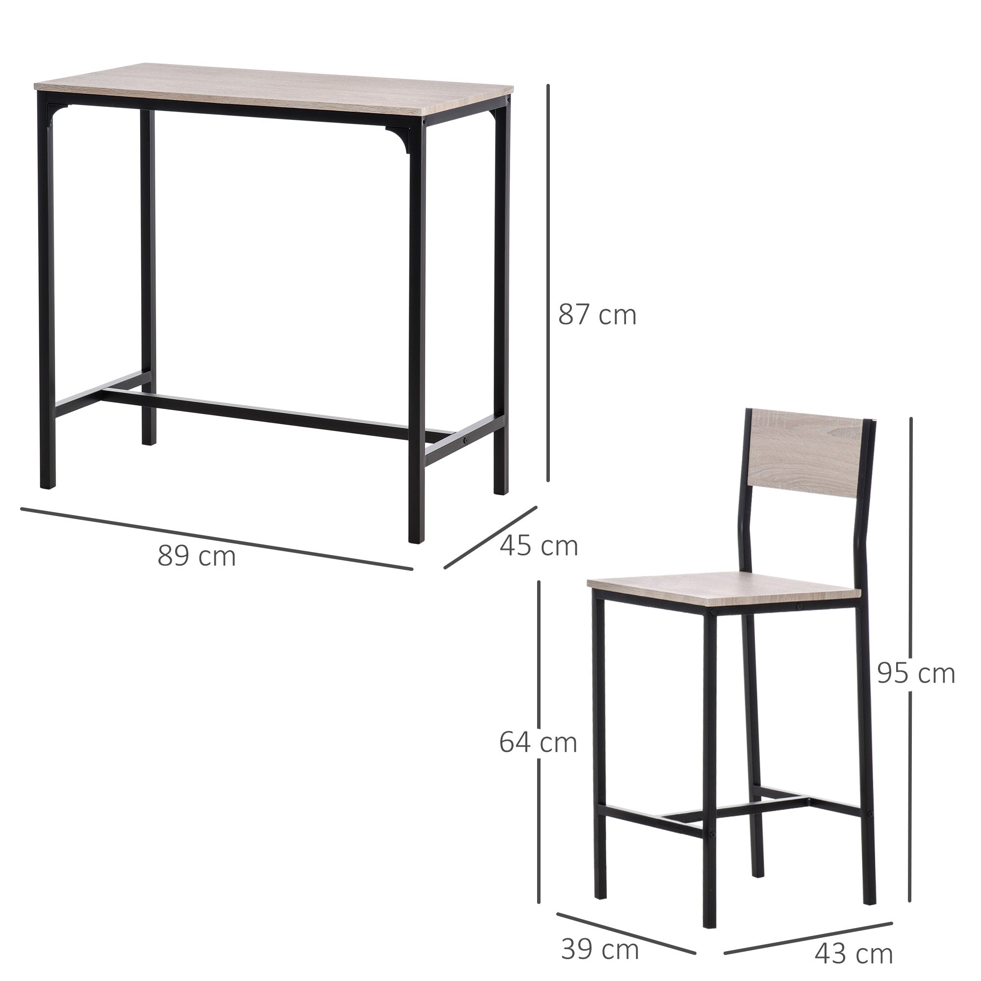 HOMCOM 3 Pcs Table Stool Set Industrial Design w/ Metal Frame Oak Tone MDF Panels Minimal Compact Beautiful - North Peak Garden Furniture