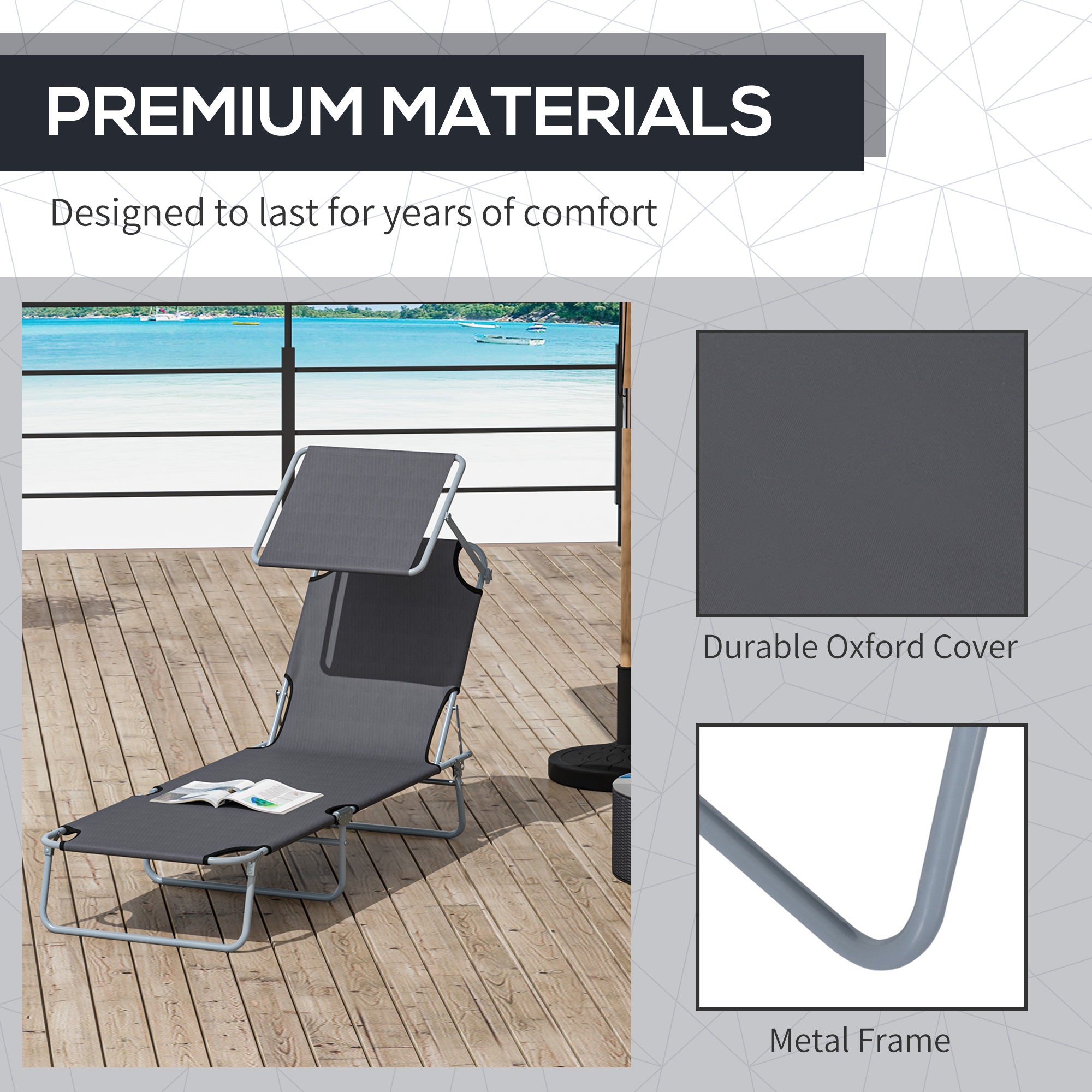 Outsunny Outdoor Foldable Sun Lounger, 4 Level Adjustable Backrest Reclining Sun Lounger Chair with Angle Adjust Sun Shade Awning for Beach, Garden, Patio, Grey - North Peak Garden Furniture
