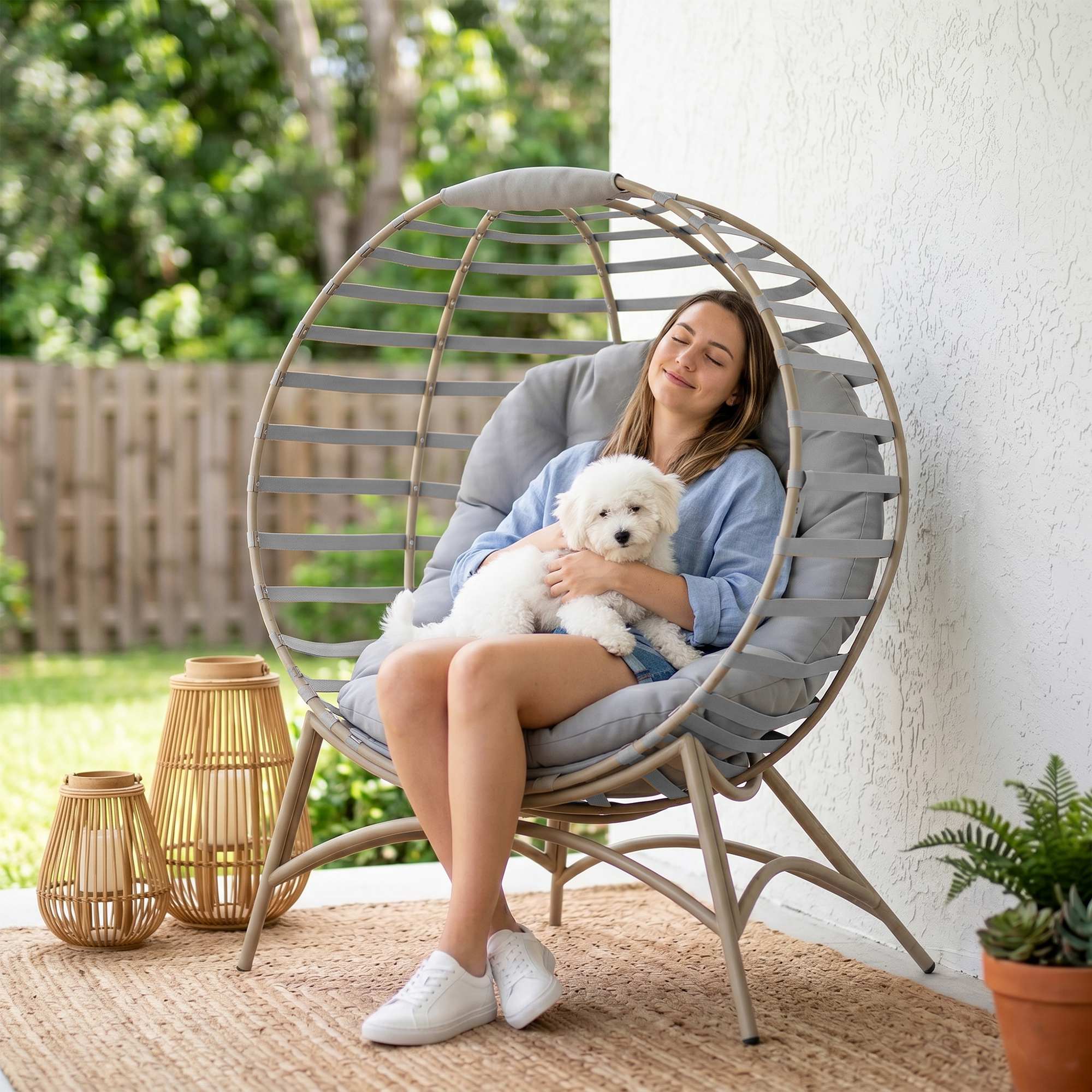 Outsunny Egg Chair with Cushion & Side Pocket - Light Grey