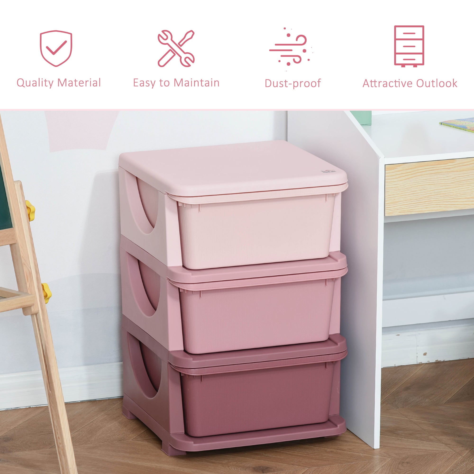 HOMCOM Kids Storage Units with 3 Drawers 3 Tier Chest Vertical Dresser Tower Toy Organizer for Nursery Playroom Kindergarten Pink