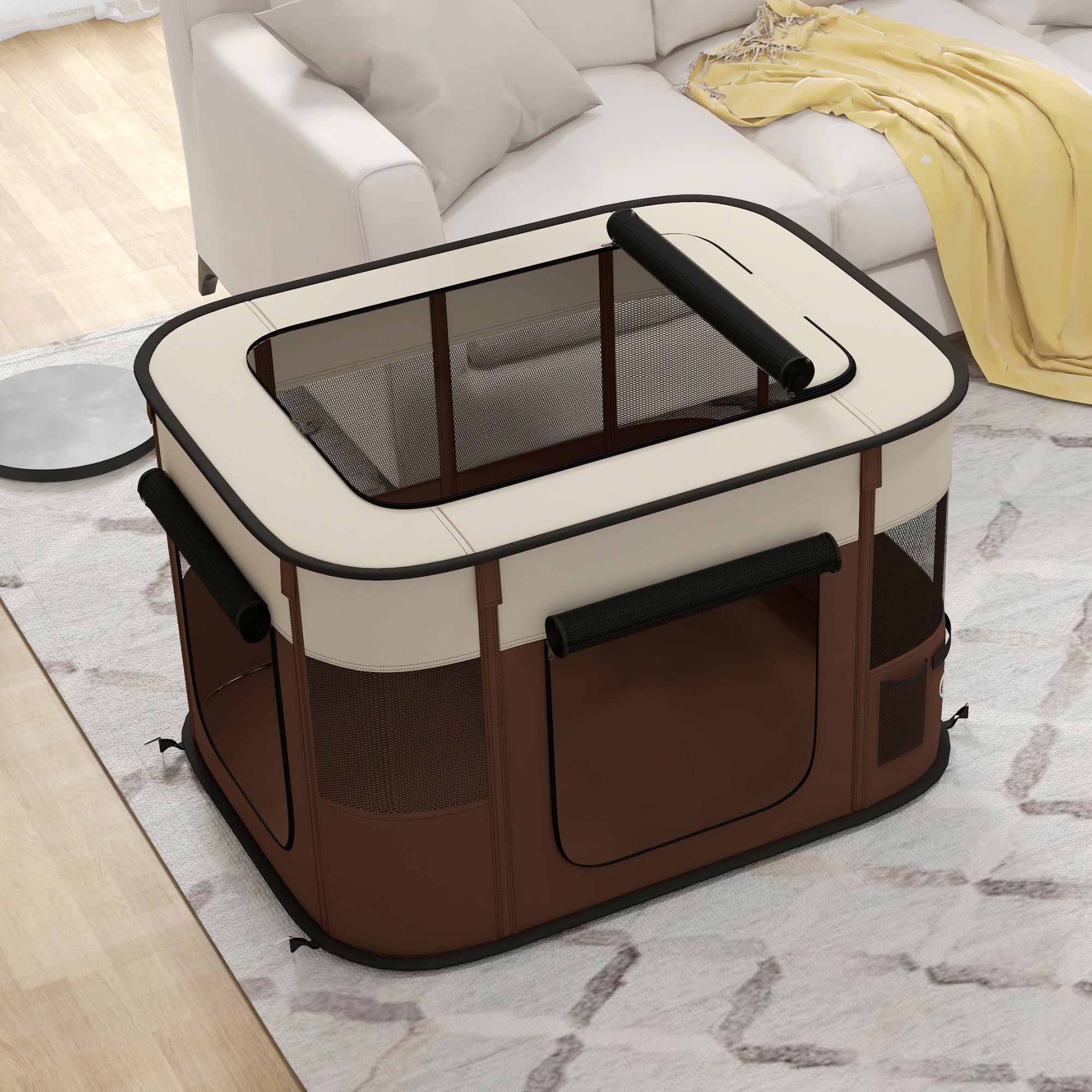 PawHut Foldable Dog Pen with Storage Bag for Indoor/Outdoor Use, Portable Pet playpen, with Ground Stakes - Brown - North Peak Garden Furniture