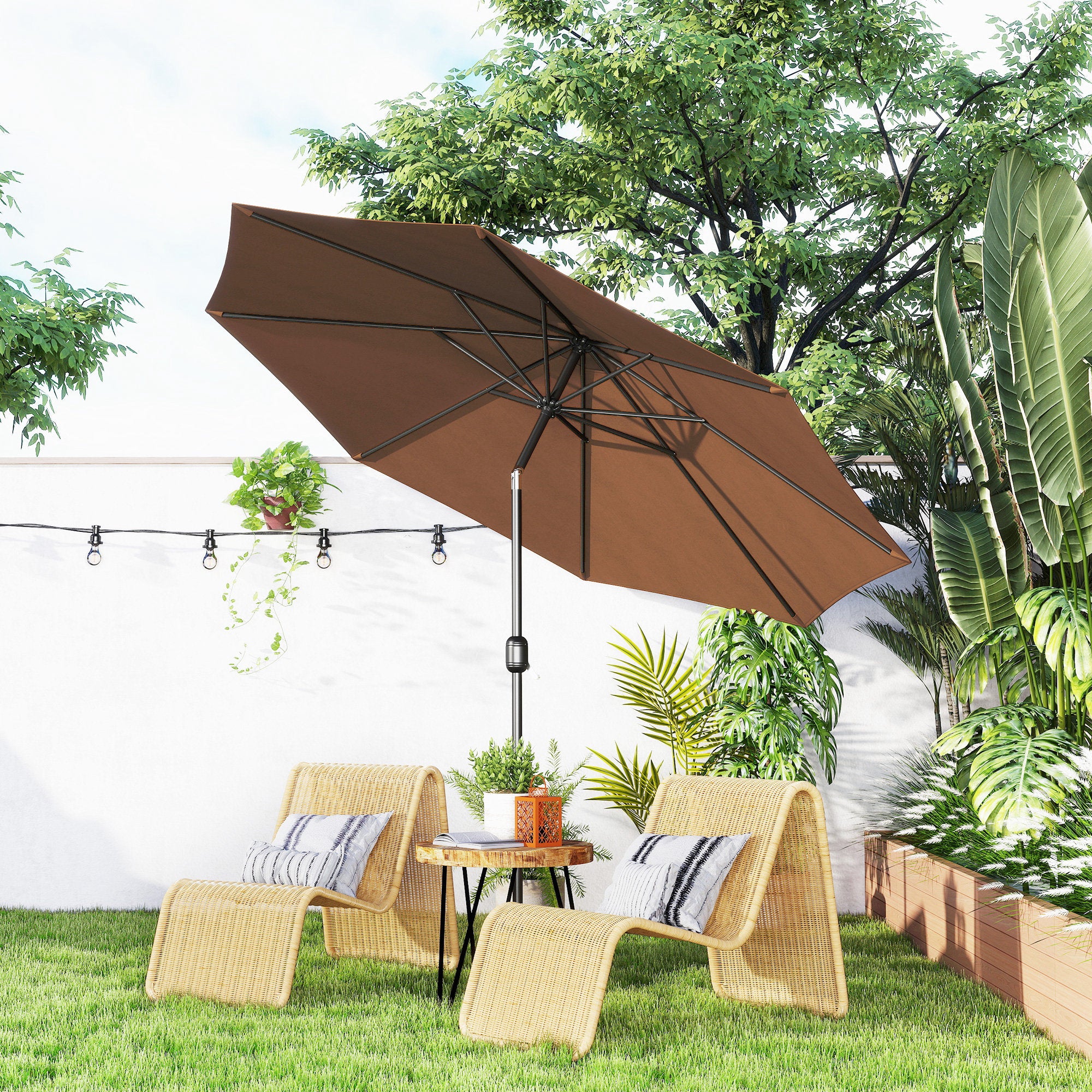 Outsunny 3(m) Tilting Parasol Garden Umbrellas, Outdoor Sun Shade with 8 Ribs, Tilt and Crank Handle for Balcony, Bench, Garden, Coffee