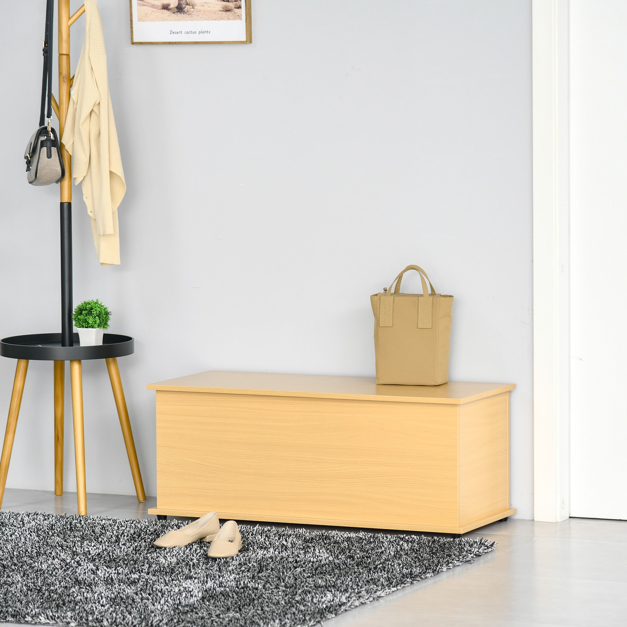 HOMCOM Wooden Storage Box Clothes Toy Chest Bench Seat Ottoman Bedding Blanket Trunk Container with Lid - Burlywood - North Peak Garden Furniture