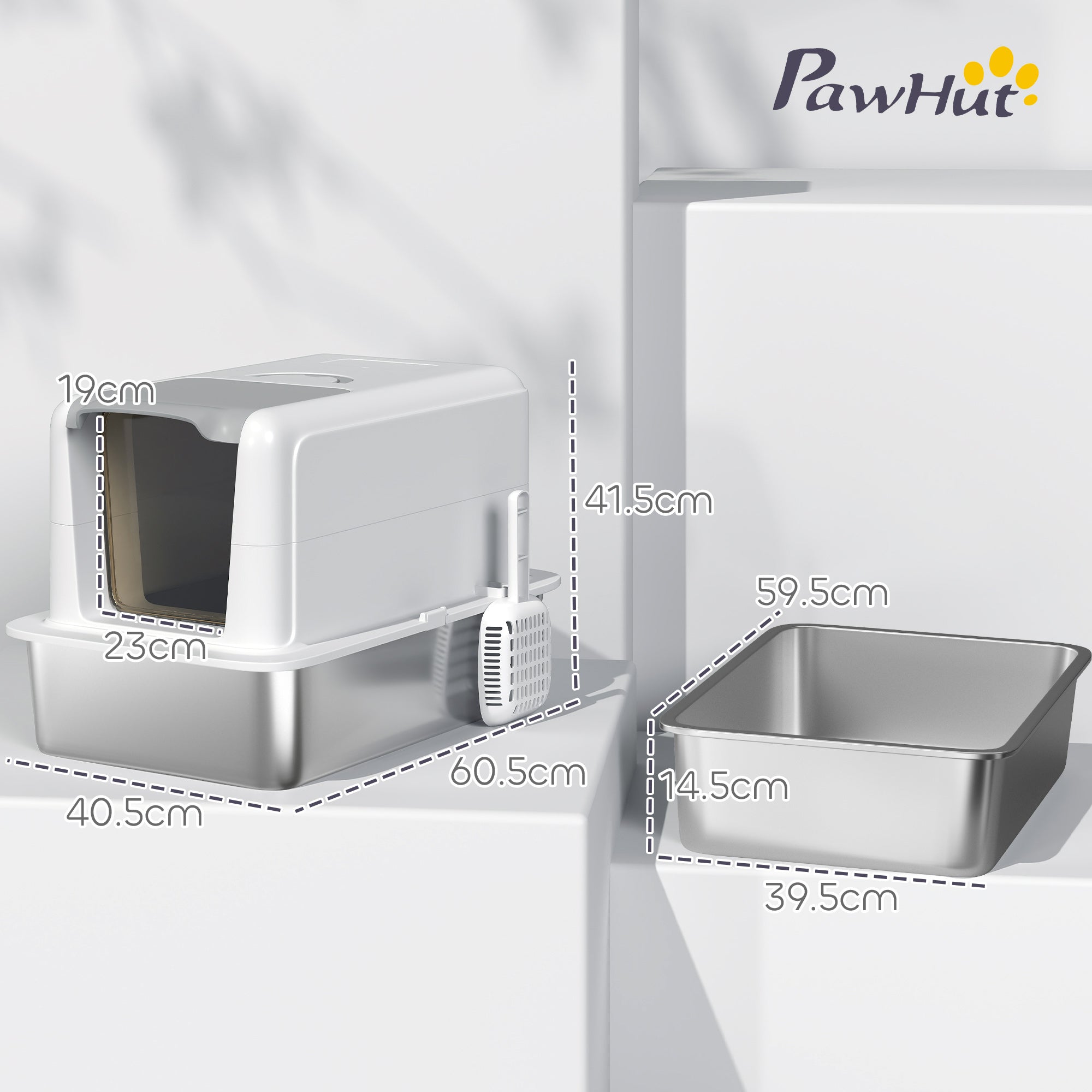 PawHut Stainless Steel Cat Litter Box with Removable Lid, Scoop, Filter Bags, for Larger Cats, White - North Peak Garden Furniture