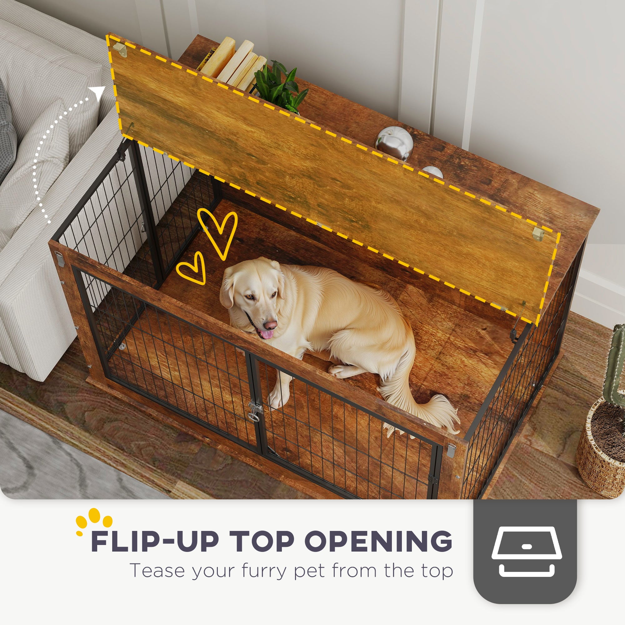 PawHut Dog Crate Furniture with Flip-up Top, 2 Doors, for Extra Large Dogs, 118 x 75 x 77cm, Rustic Brown - North Peak Garden Furniture