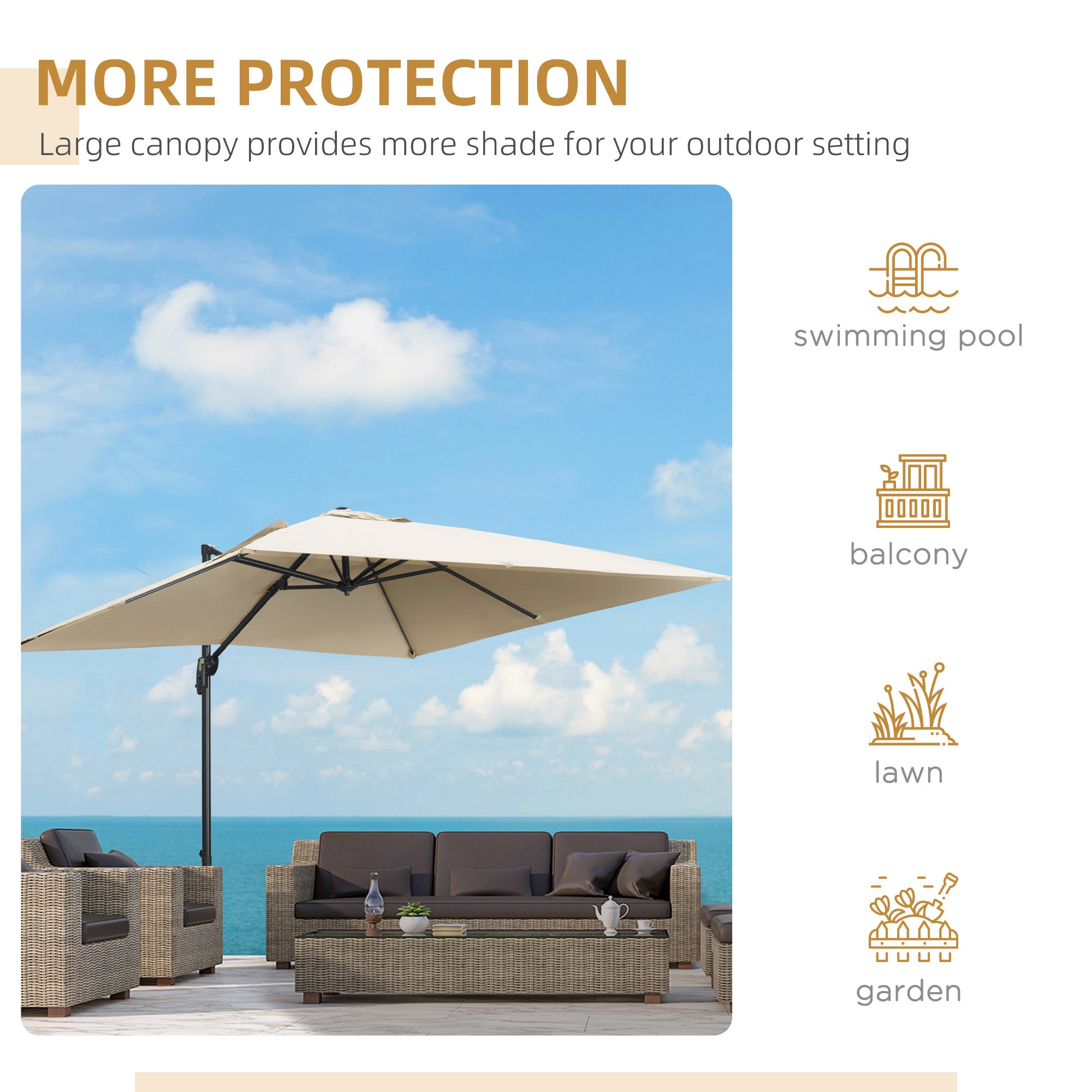 Outsunny 2.7 x 2.7 m Cantilever Parasol, Square Overhanging Umbrella with Cross Base, Crank Handle, Tilt, 360° Rotation and Aluminium Frame, Cream White - North Peak Garden Furniture