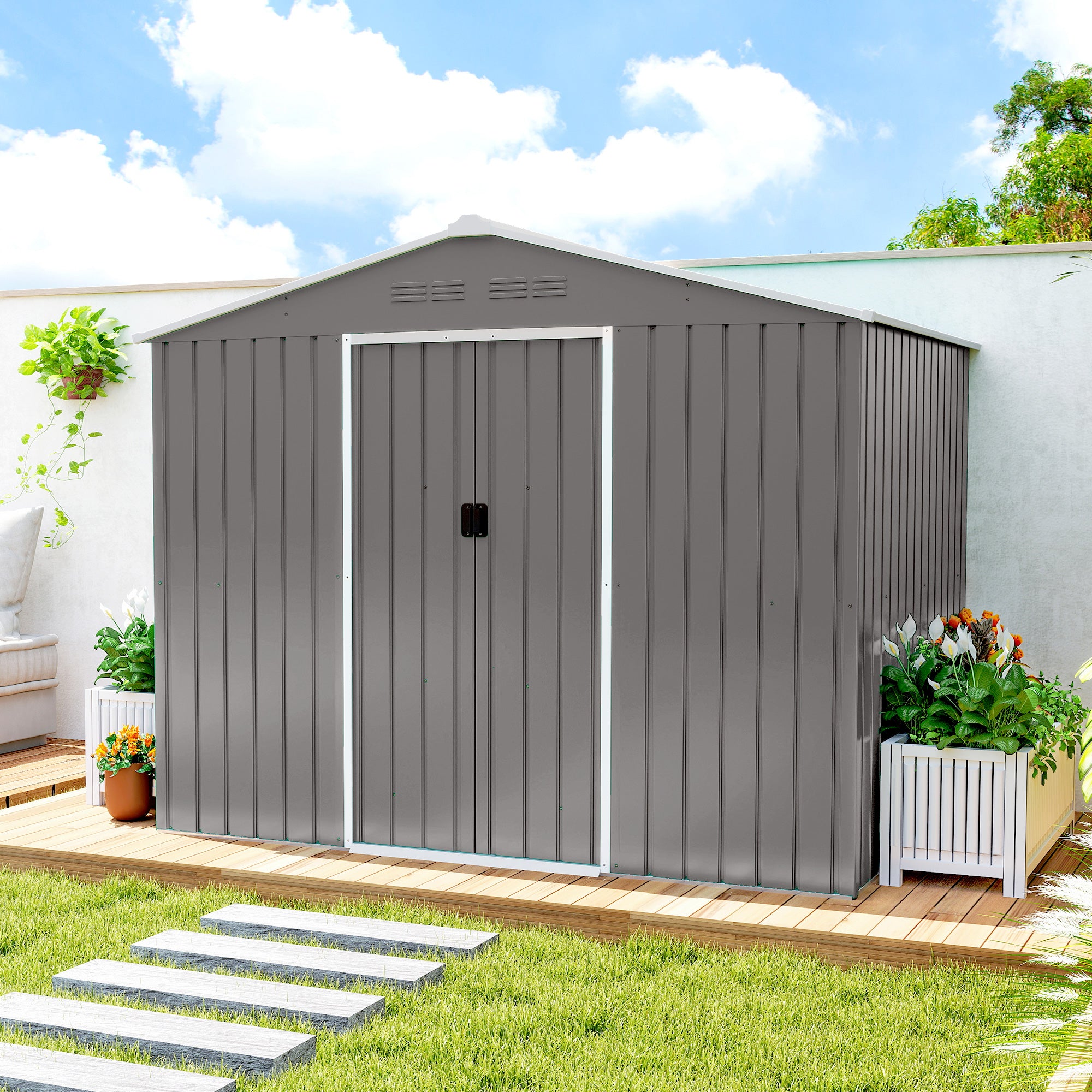 Outsunny 8 x 6ft Galvanised Steel Shed, with Double Door - Light Grey