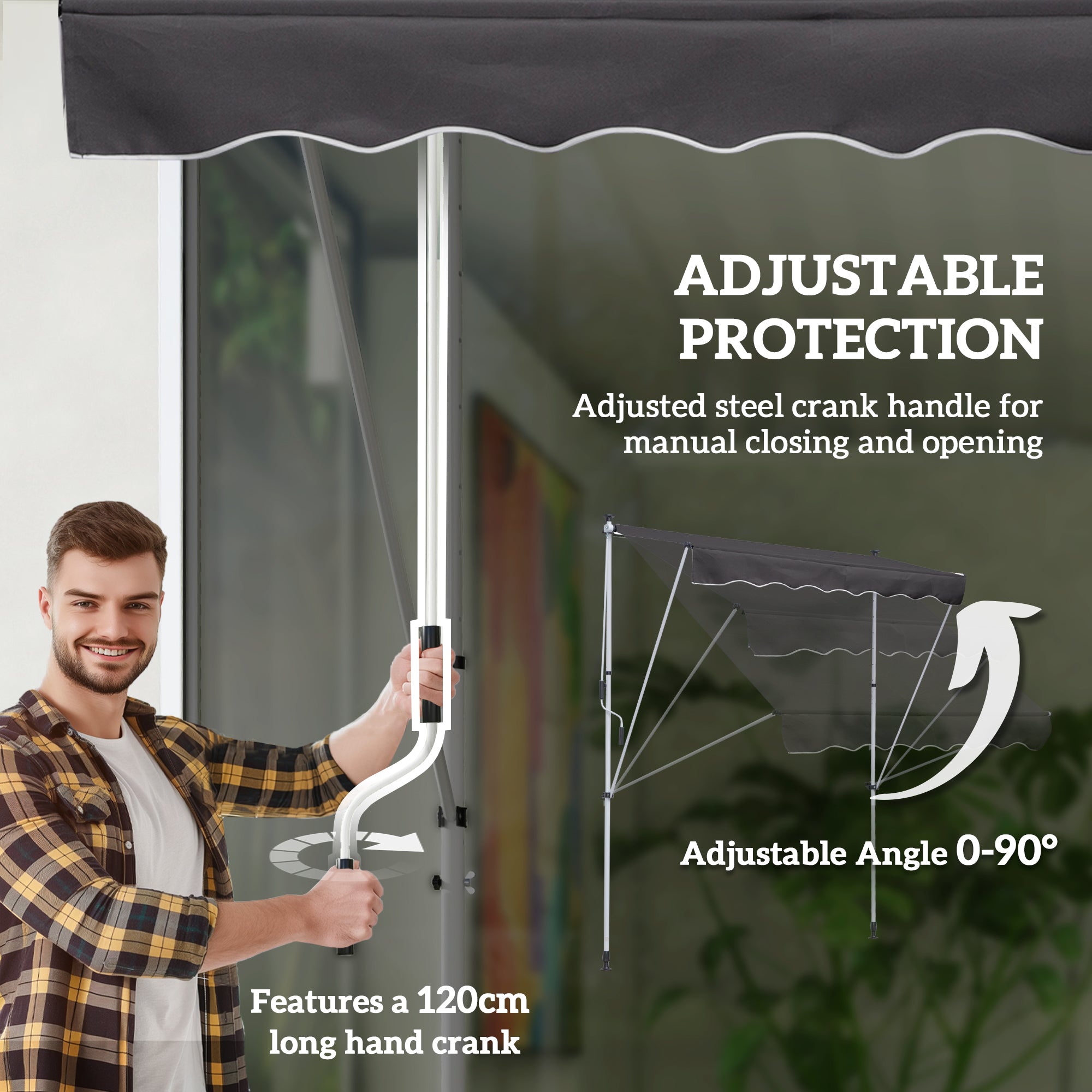 Outsunny Balcony 2 x 1.5m Manual Adjustable Awning DIY Patio Clamp Awning Canopy Retractable Shade Shelter Easy to Move for Balcony, Grey - North Peak Garden Furniture