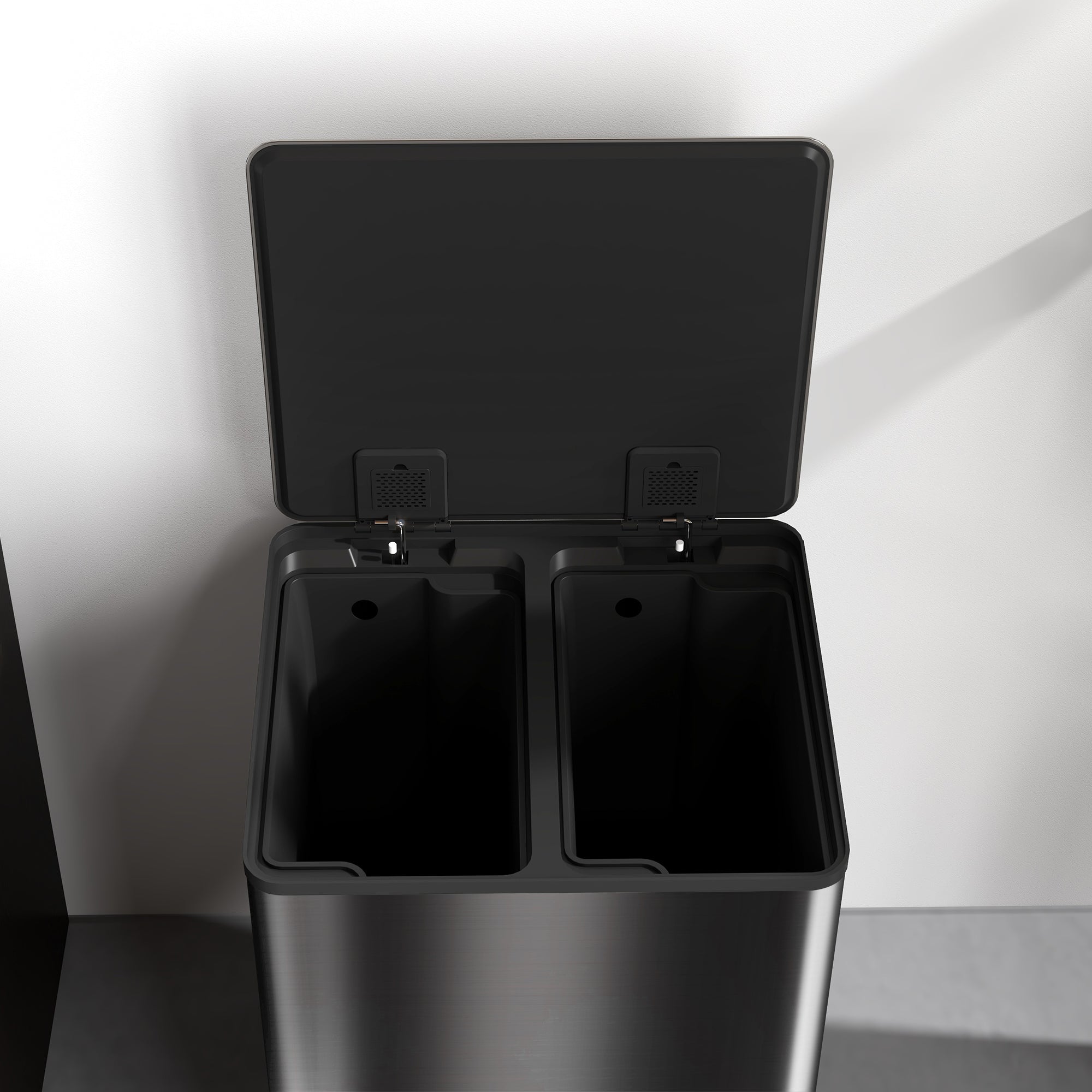 HOMCOM 60L Dual Compartment Stainless Steel Bin, with Deodoriser Holders - Black - North Peak Garden Furniture