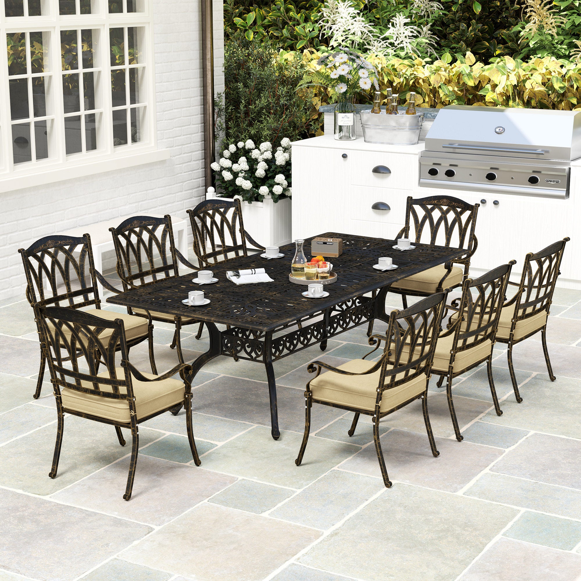 Outsunny Nine-Piece Cast Aluminium Garden Dining Set - Bronze Tone - North Peak Garden Furniture