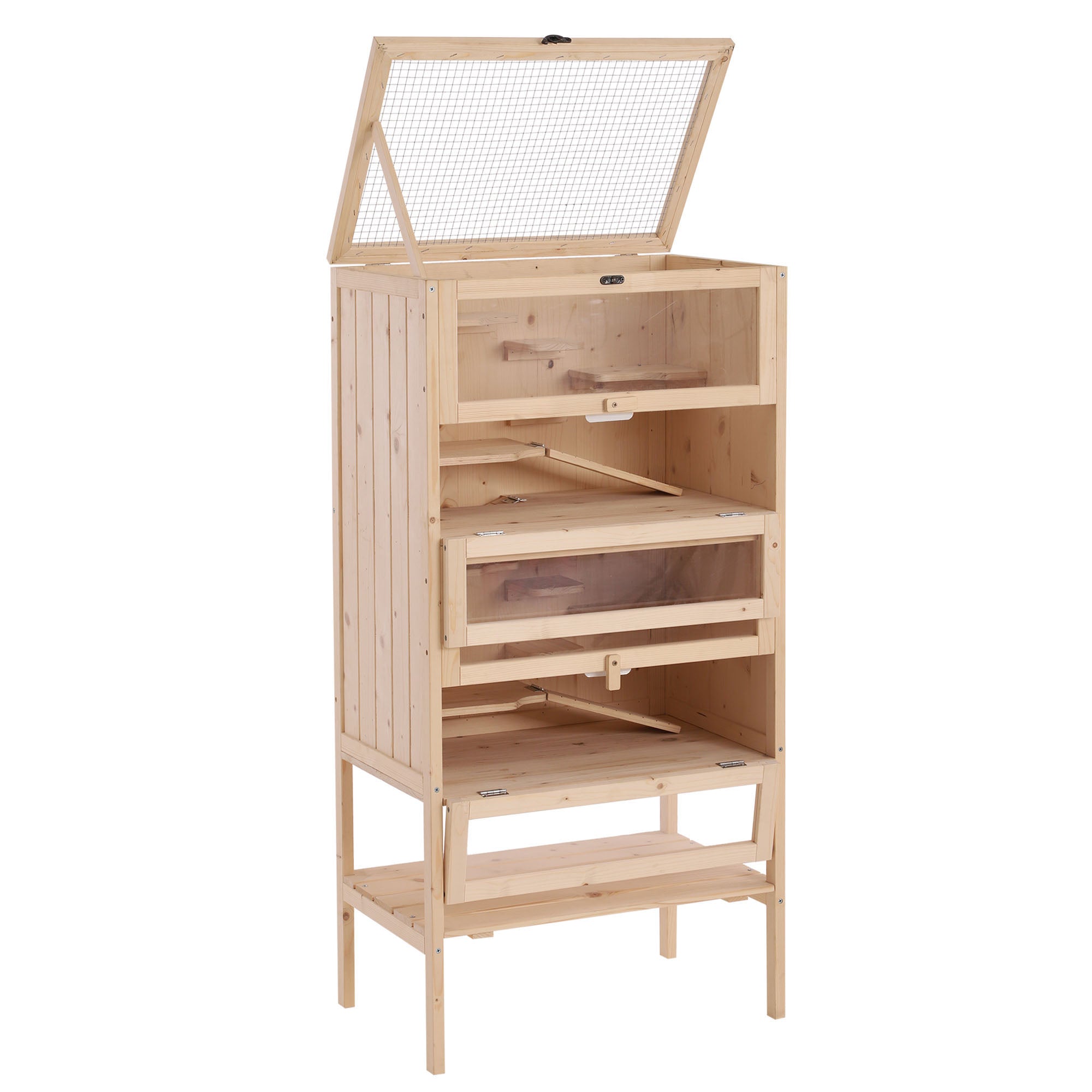 PawHut Hamster Cage Wooden Mouse Rodent Small Pet Animals 4 Layers Tall Bottom Storage Shelf Easy Clean - North Peak Garden Furniture