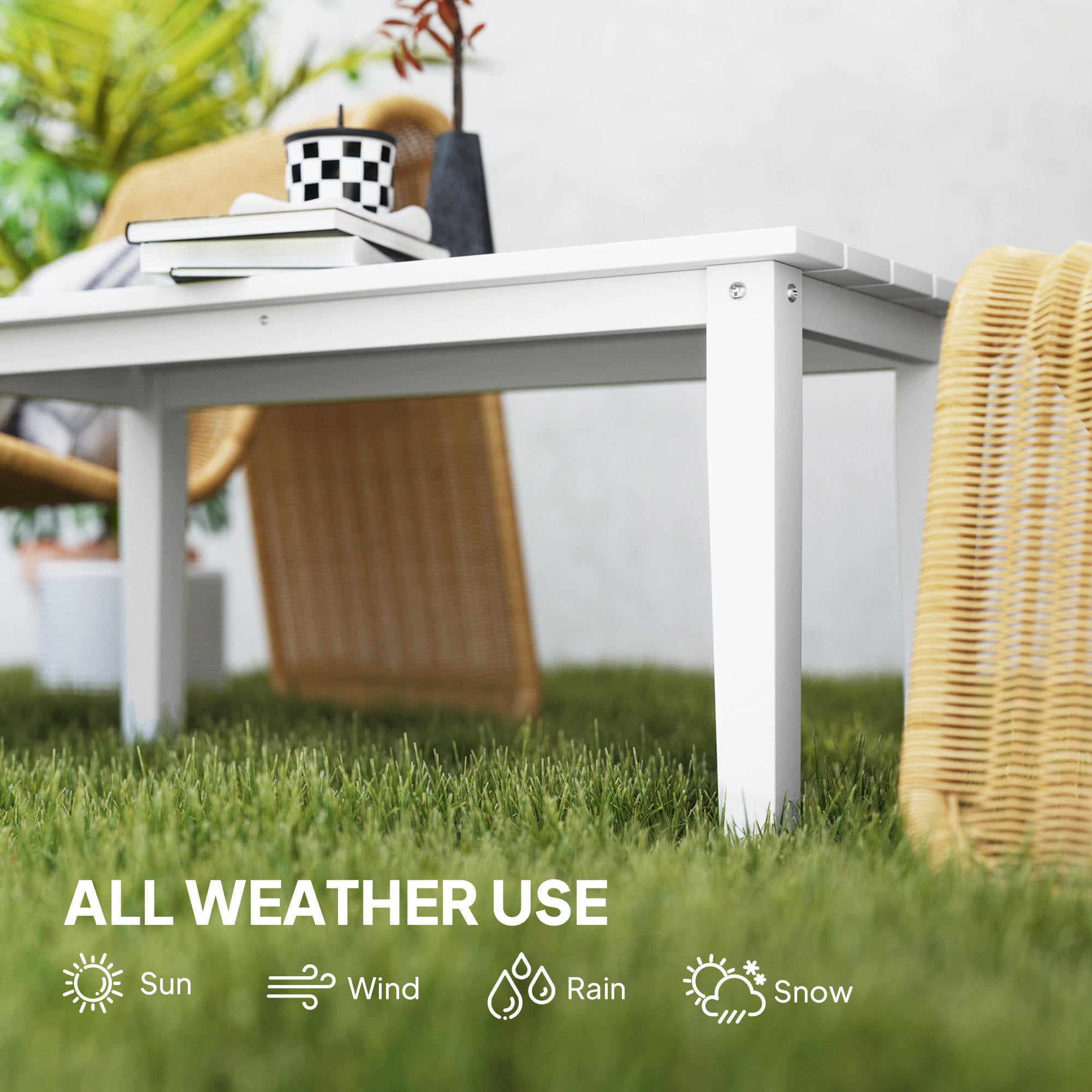 Outsunny Outdoor Garden Coffee Table, HDPE All-Weather Garden Table, Rectangular Outdoor Table with Slatted Tabletop for Patio, Balcony, 91 x 44 x 42 cm, White - North Peak Garden Furniture