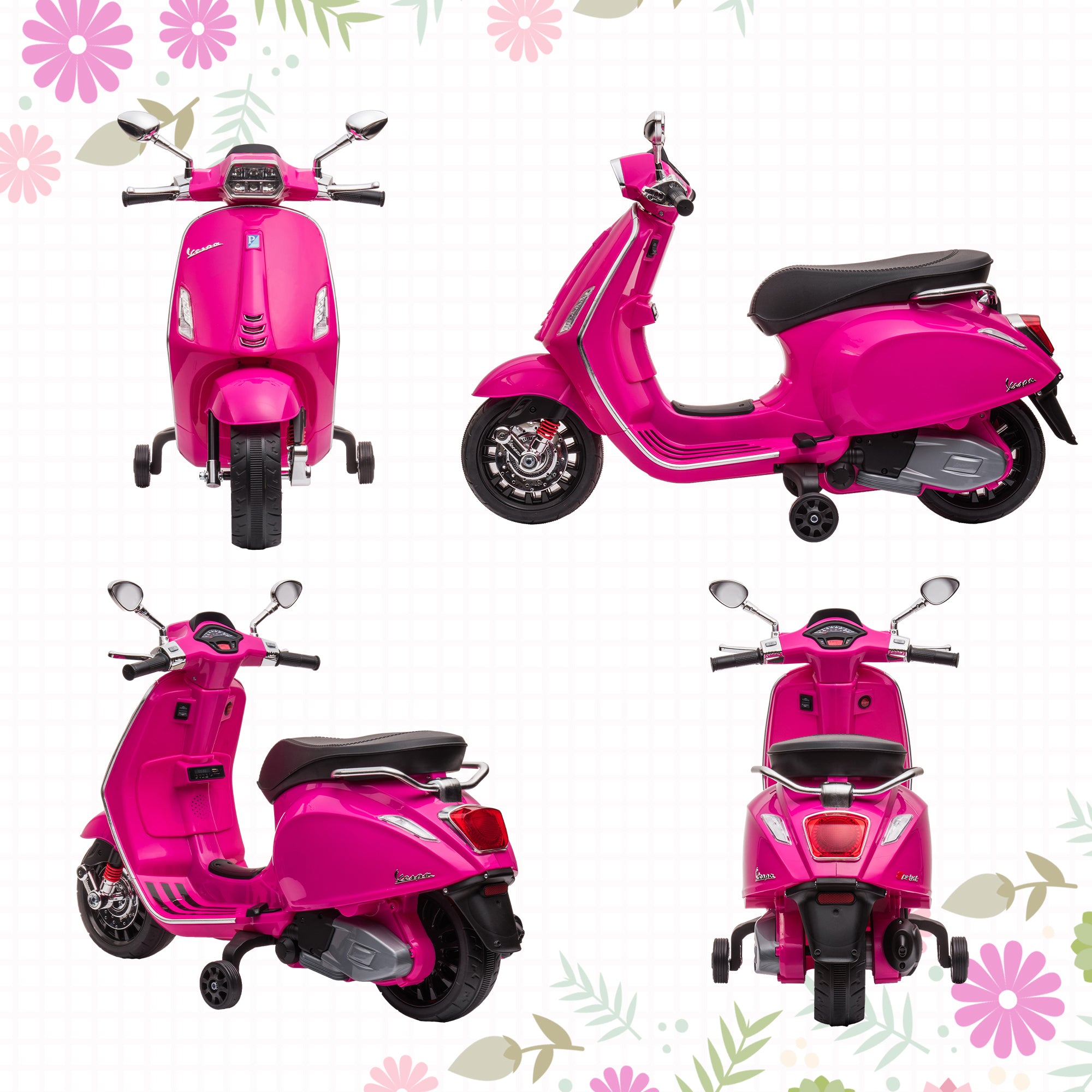 AIYAPLAY 12V Vespa Licensed Kids Electric Motorbike w/ Music, Headlights, FM Radio, for 3-6 Years - Pink - North Peak Garden Furniture