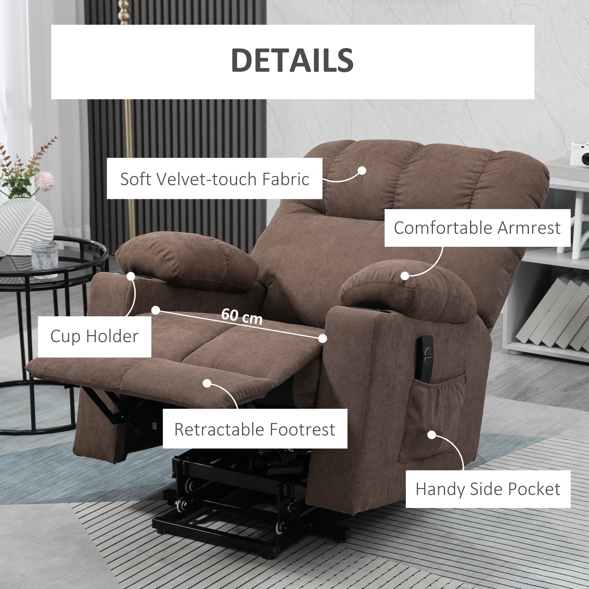 HOMCOM Electric Riser and Recliner Chair for Elderly, Power Lift Recliner Chair with Remote Control, Dark Brown - North Peak Garden Furniture