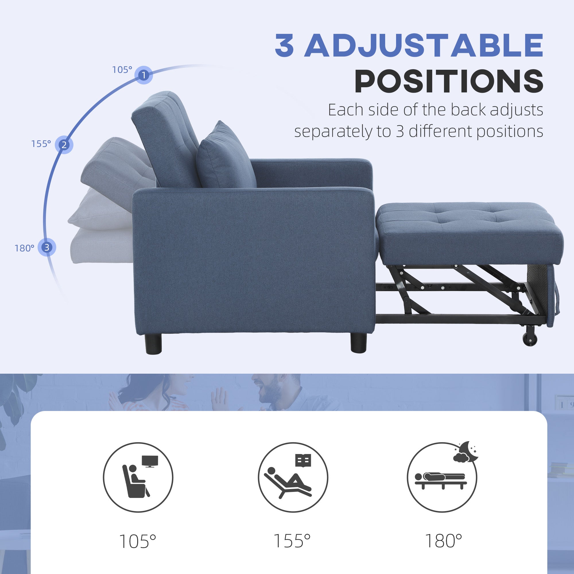 HOMCOM 3-In-1 Chair Bed, Convertible Sleeper Chair with Adjustable Backrest, Pillow and Footrest for Living Room, Blue - North Peak Garden Furniture