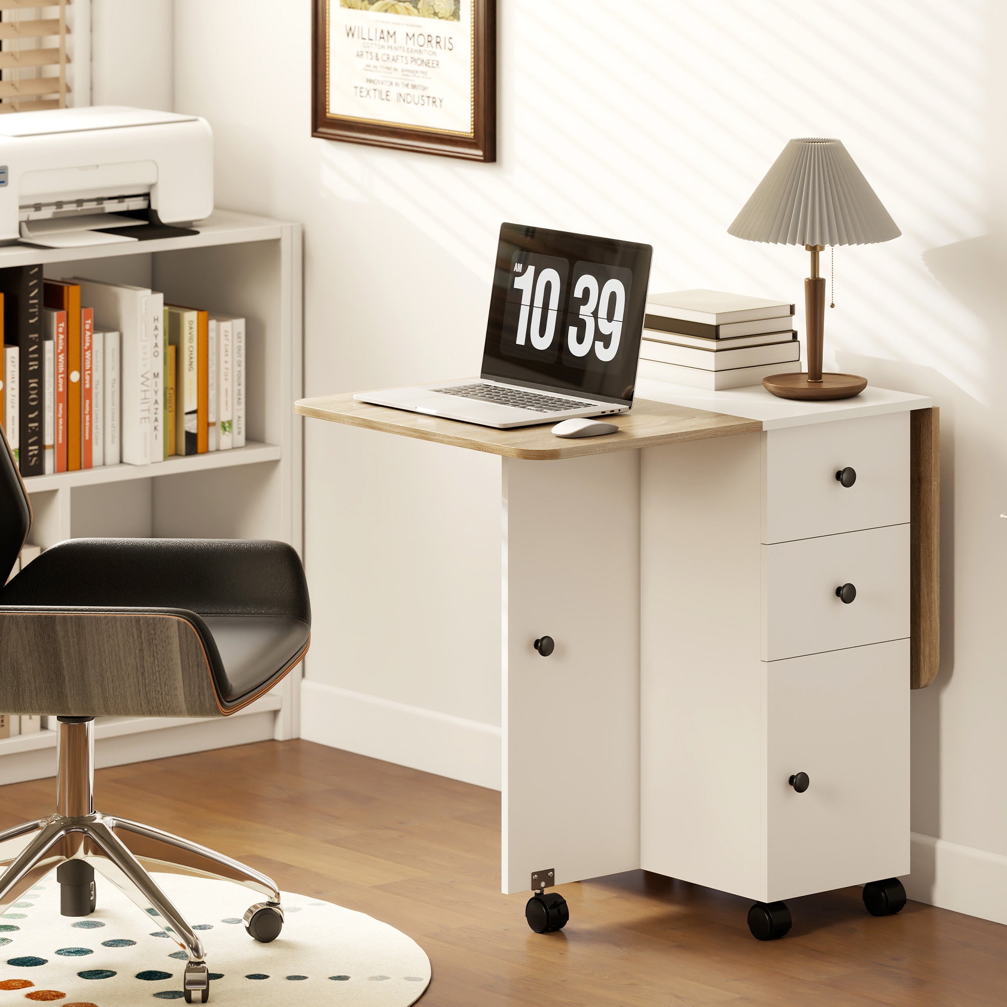 HOMCOM Multi-Storage Six-Person Drop Leaf Dining Table -  Oak and White