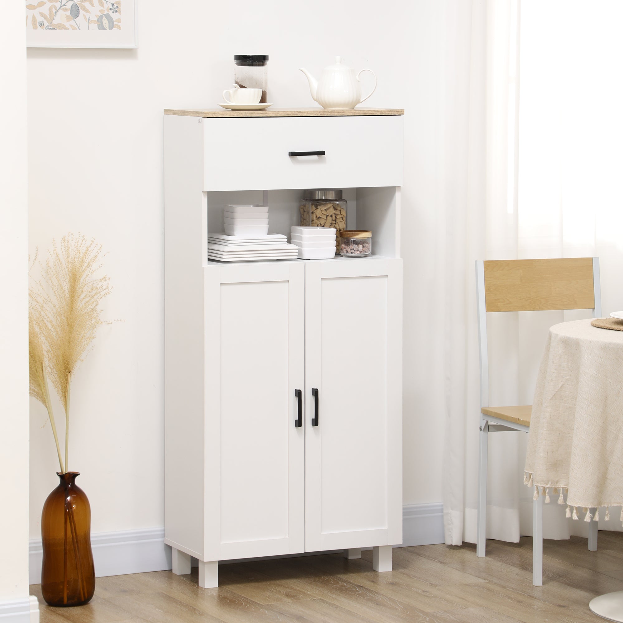 HOMCOM Freestanding Kitchen Cupboard, Nordic Storage Cabinet with Drawer, Doors and Open Countertop for Living & Dining Room, 130cm, White - North Peak Garden Furniture