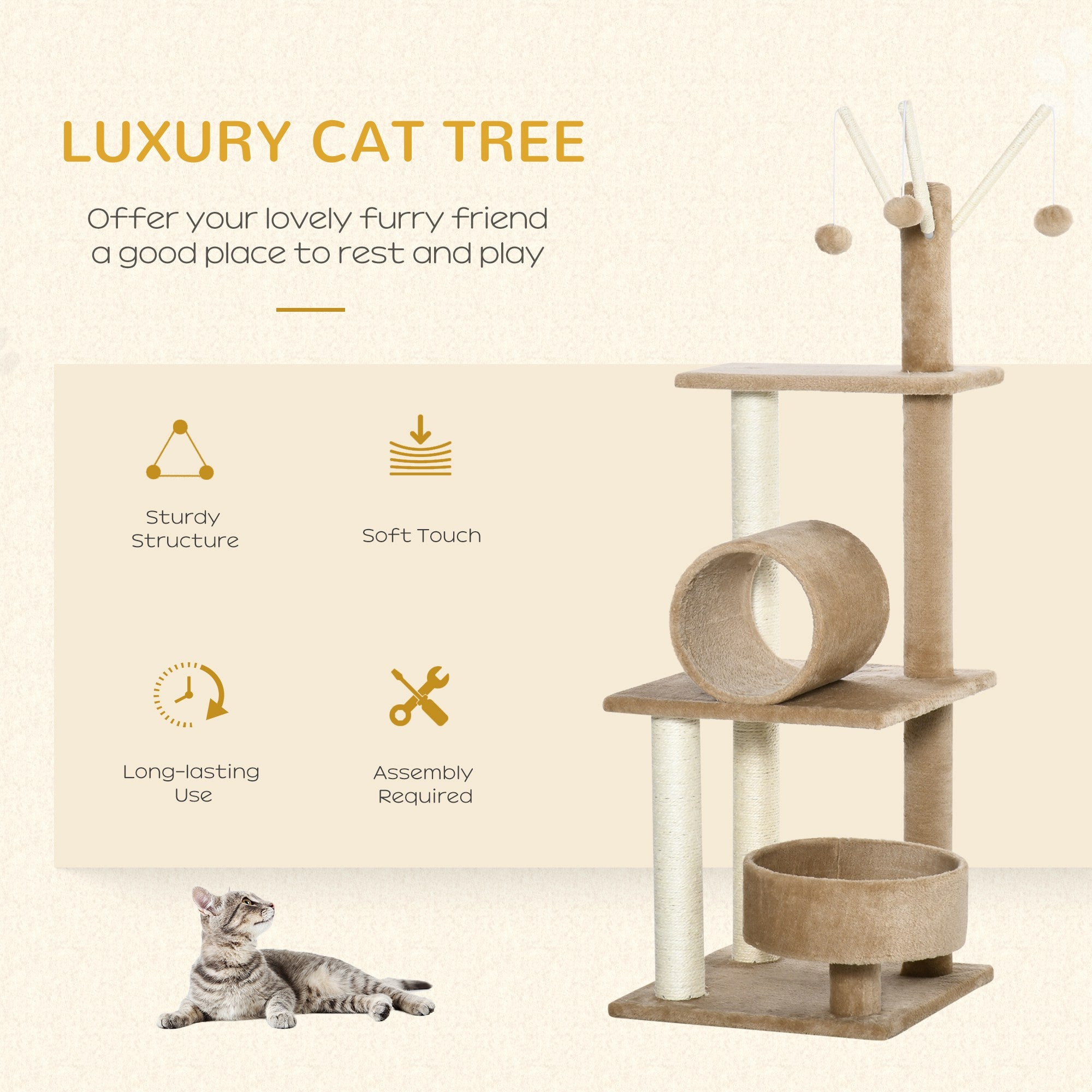 PawHut 121cm Cat Tree Tower for Indoor Cats Kitten Activity Centre Scratching Post with Bed Tunnel Perch Interactive Ball Toy Brown - North Peak Garden Furniture