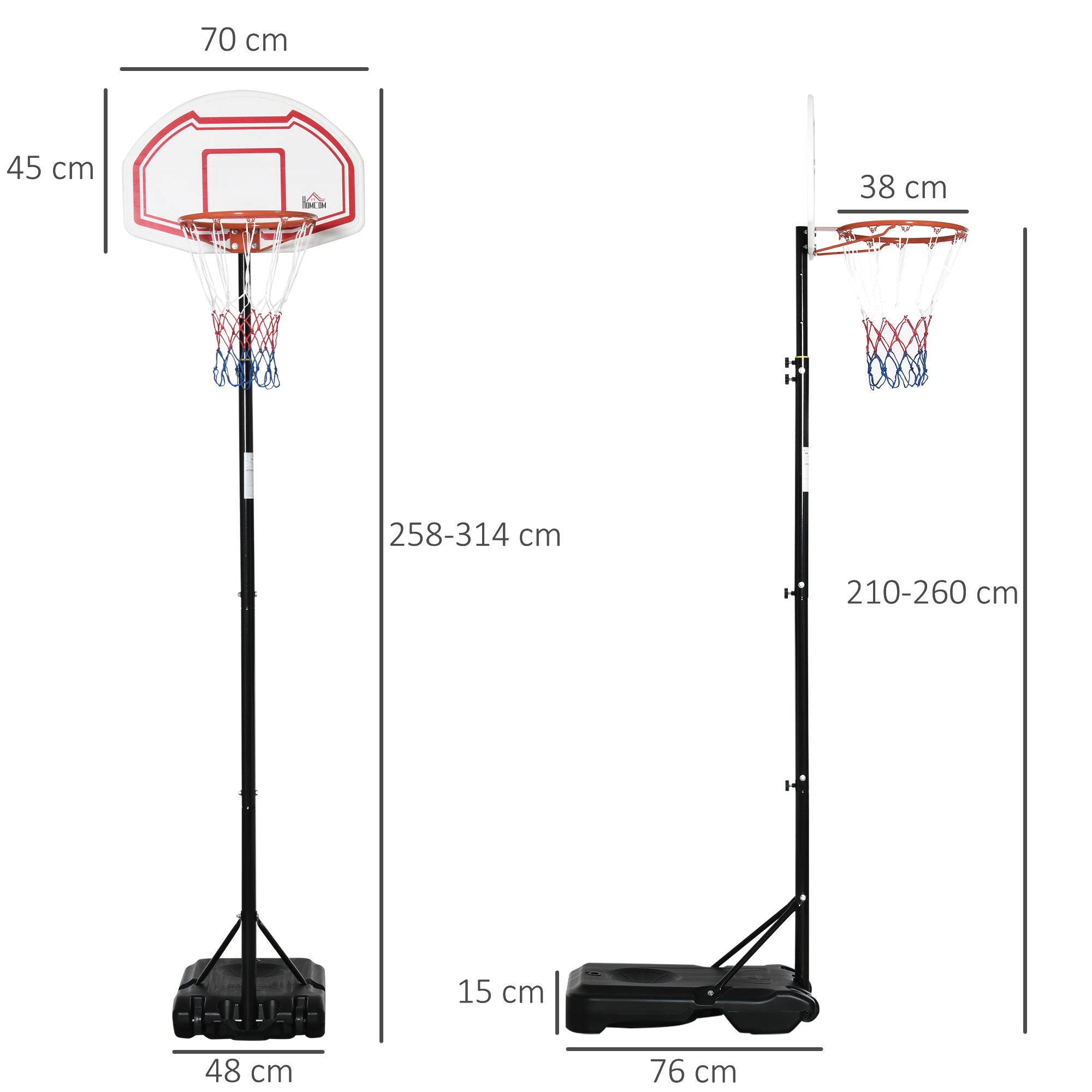 HOMCOM Basketball Hoop Stand Portable Adjustable Height 2.1-2.6m w/ Wheels, Sturdy Rim Stable Base, Red - North Peak Garden Furniture
