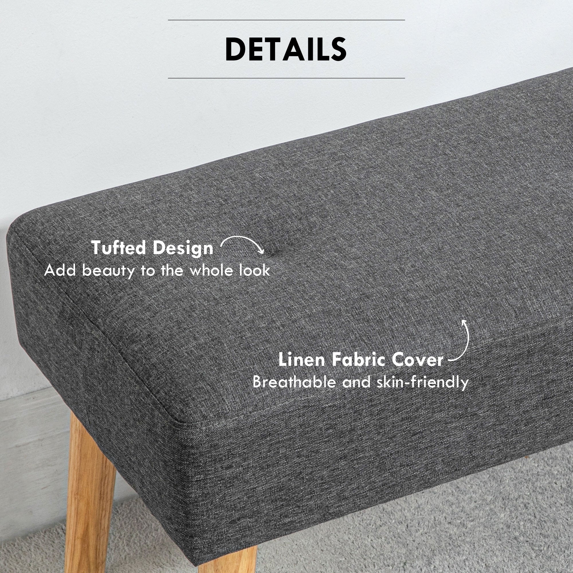 HOMCOM Multifunctional Bed End Bench Tufted Upholstered Shoe Bench Ottoman Footstool Linen Fabric for Entryway Living Room Grey - North Peak Garden Furniture