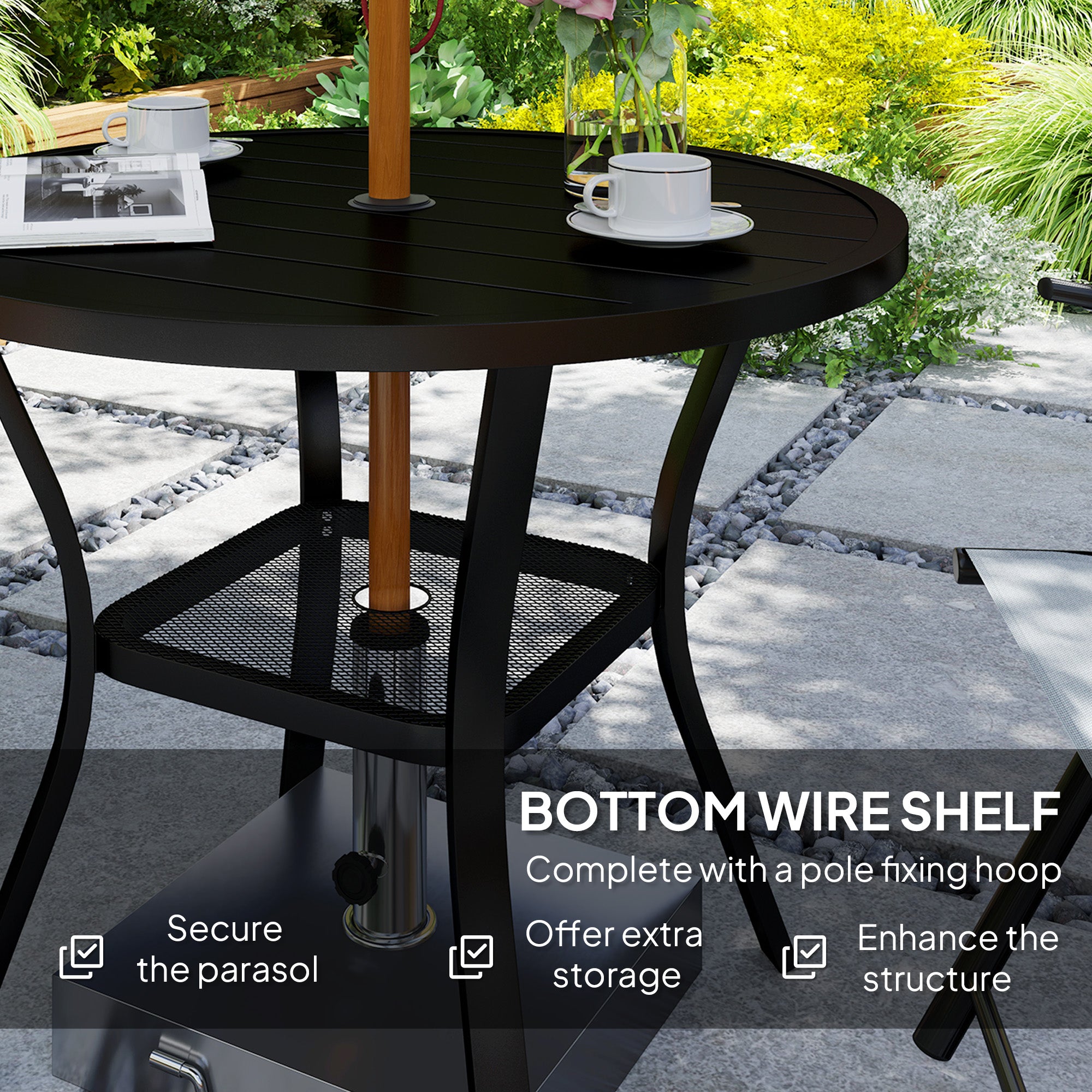Outsunny 90 cm Garden Dining Table with 4-5 cm Parasol Hole, Round Outdoor Dining Table, Steel Garden Table with Slatted Metal Top and Wire Shelf for Balcony, Porch, Black - North Peak Garden Furniture