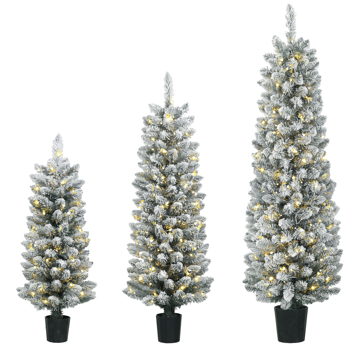 HOMCOM Prelit Snowy Flocked Artificial Christmas Tree Set of 3, Slim Xmas Tree with PVC Tips, 3FT+4FT+5FT