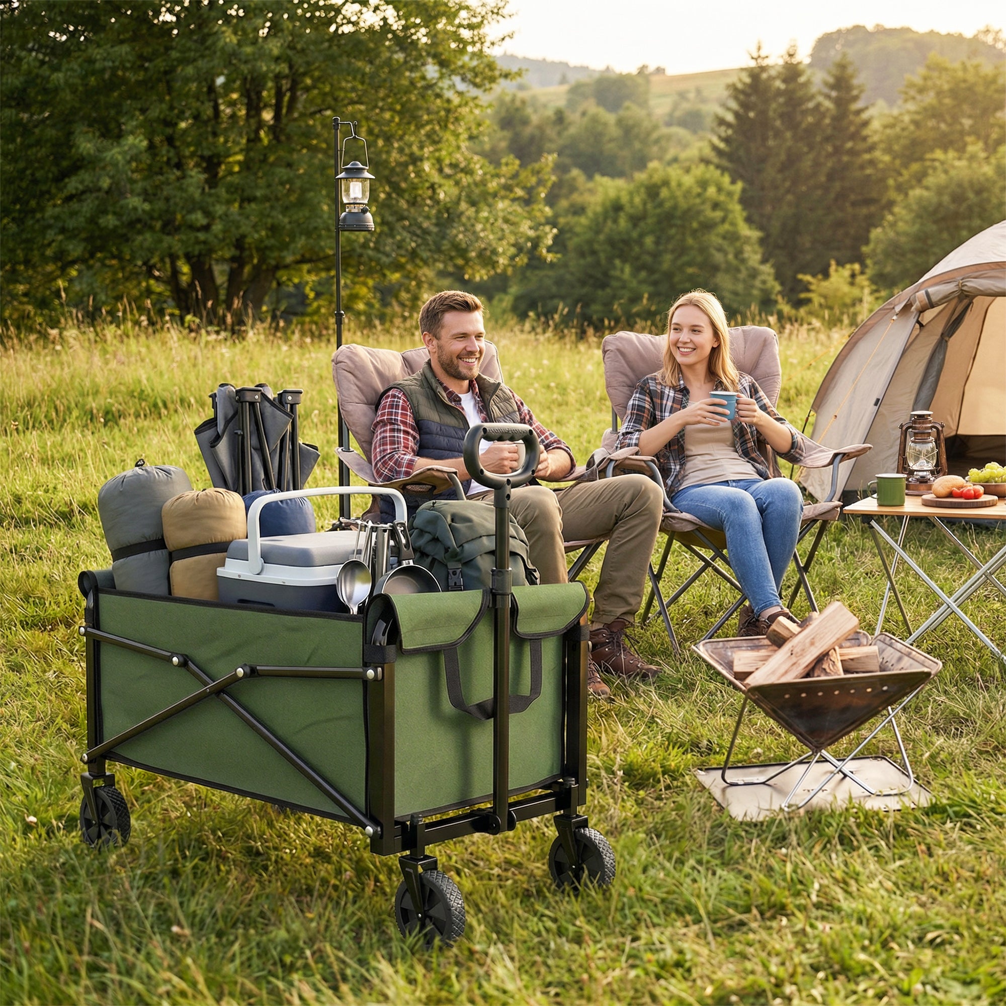 Outsunny 81L Festival Trolley on Wheels, Compact Garden Folding Trolley Cart with Adjustable Handle 80L Green