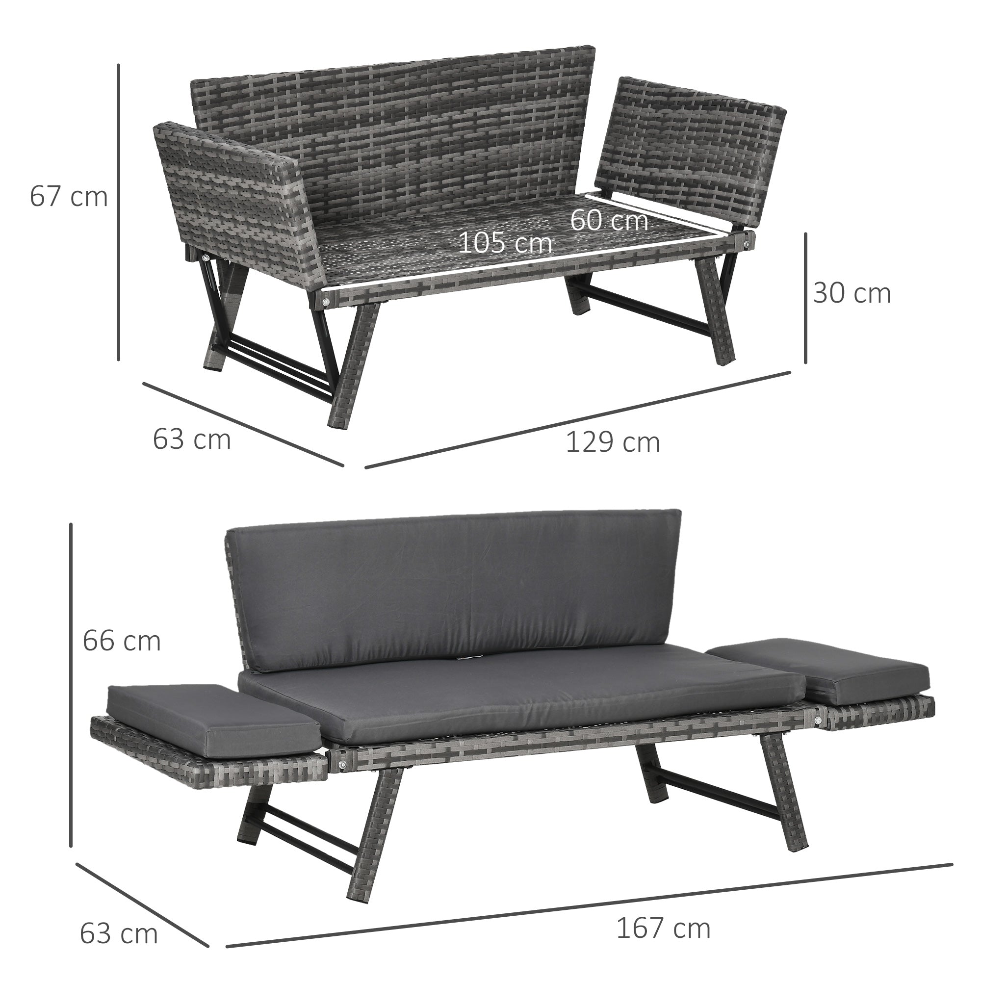 Outsunny 2 Seater Rattan Sofa with Cushions, 2-in-1 PE Rattan Daybed Sofa with Left Up or Down Armrests, Garden Chaise Lounger Loveseat for Outdoor, Patio, Mixed Grey - North Peak Garden Furniture