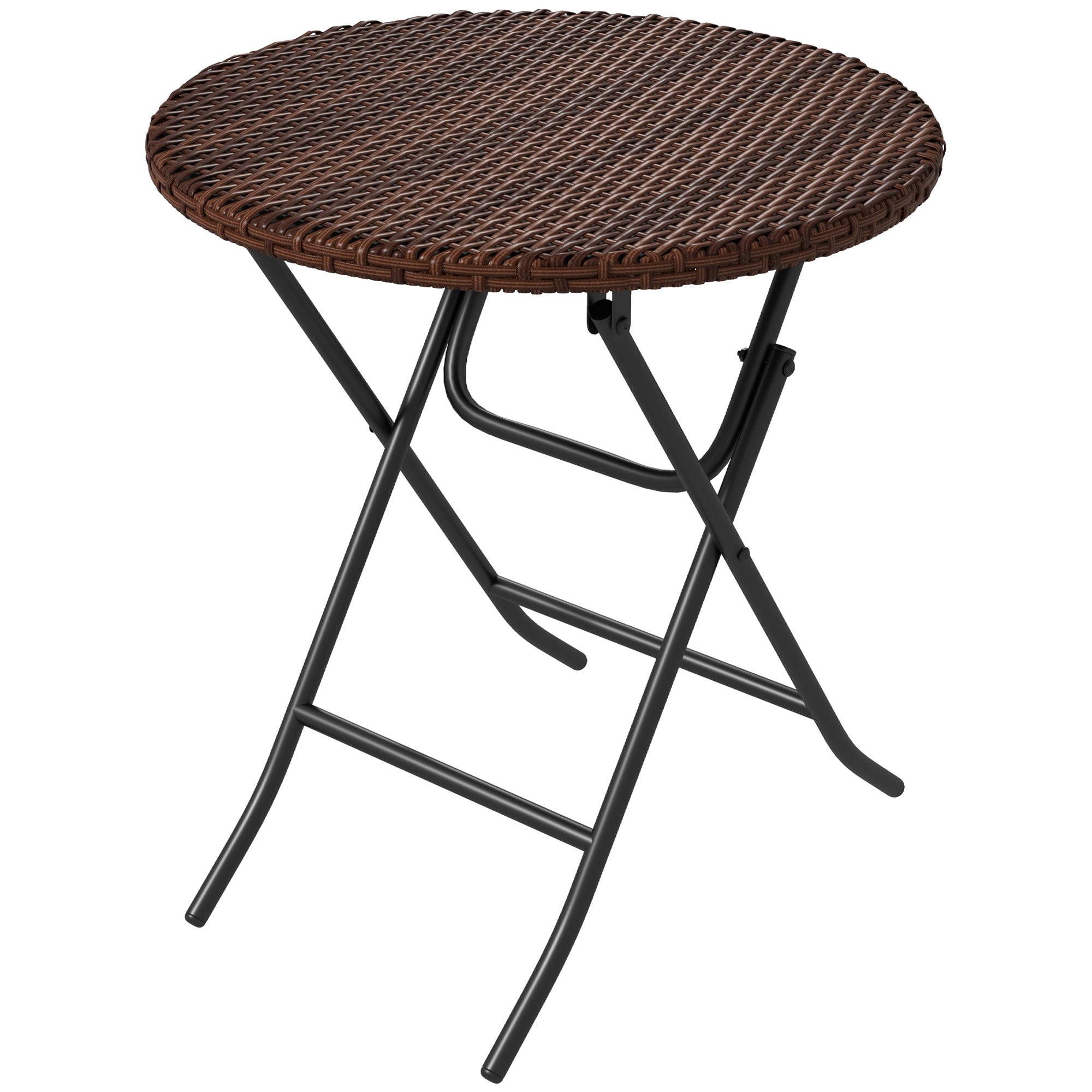 Outsunny Foldable PE Rattan Outdoor Coffee Table, Metal Frame Wicker Round Side Table, Coffee Table Side Table for Lawn, Garden, Mixed Brown