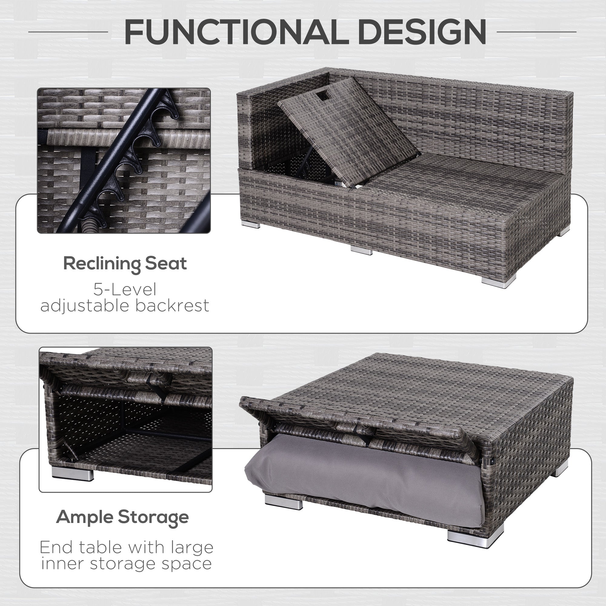 Outsunny 3PC Rattan Garden Furniture Storage Sofa Set 4 Seater Wicker Coffee Table Conservatory Sun Lounger Reclining Set Outdoor Weave with Cushion Grey - North Peak Garden Furniture