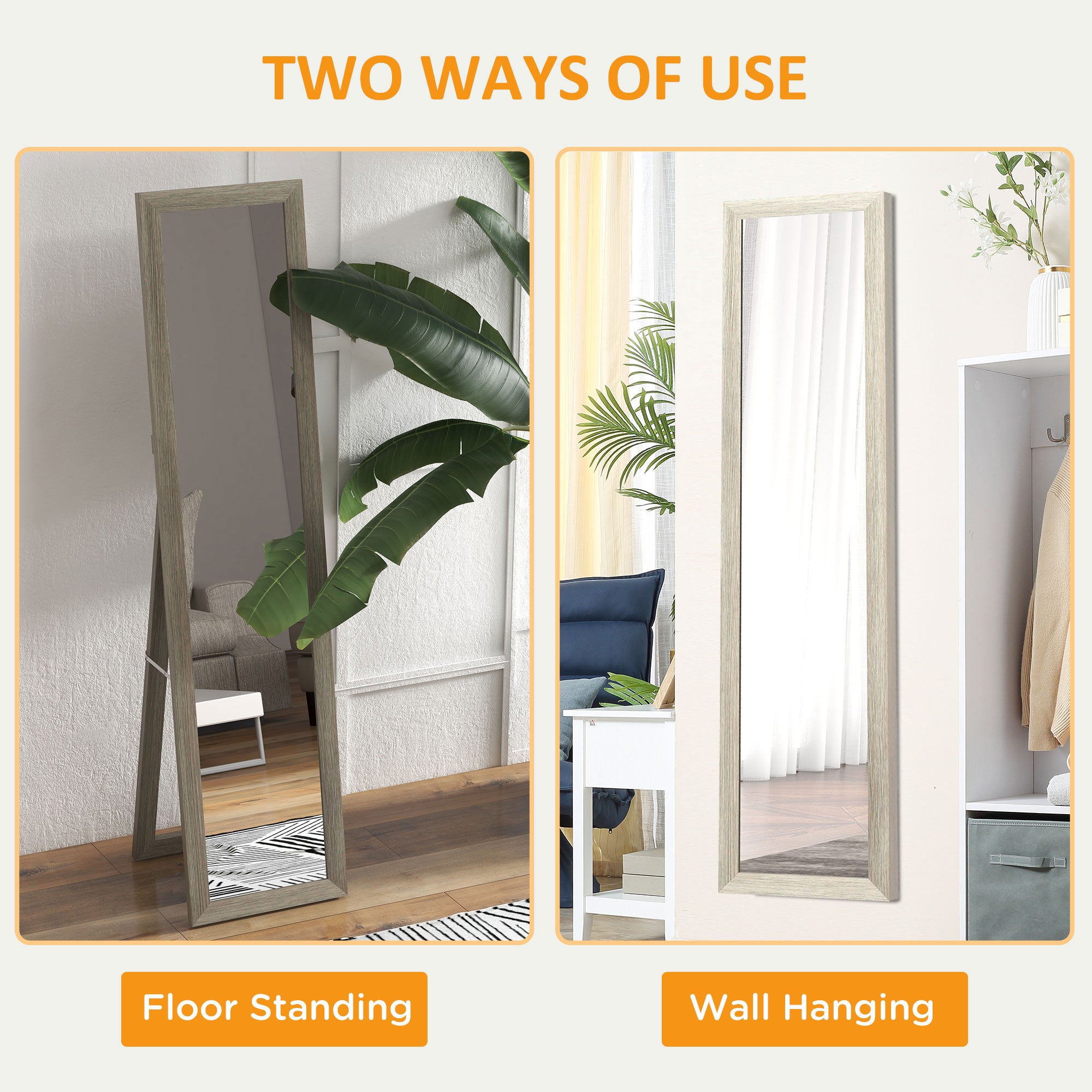 HOMCOM Rustic Full Length Mirror, Hanging and Freestanding Floor Mirror, Farmhouse Decorative Wall Mirror, for Living Room, Bedroom, 157 cm, Grey - North Peak Garden Furniture
