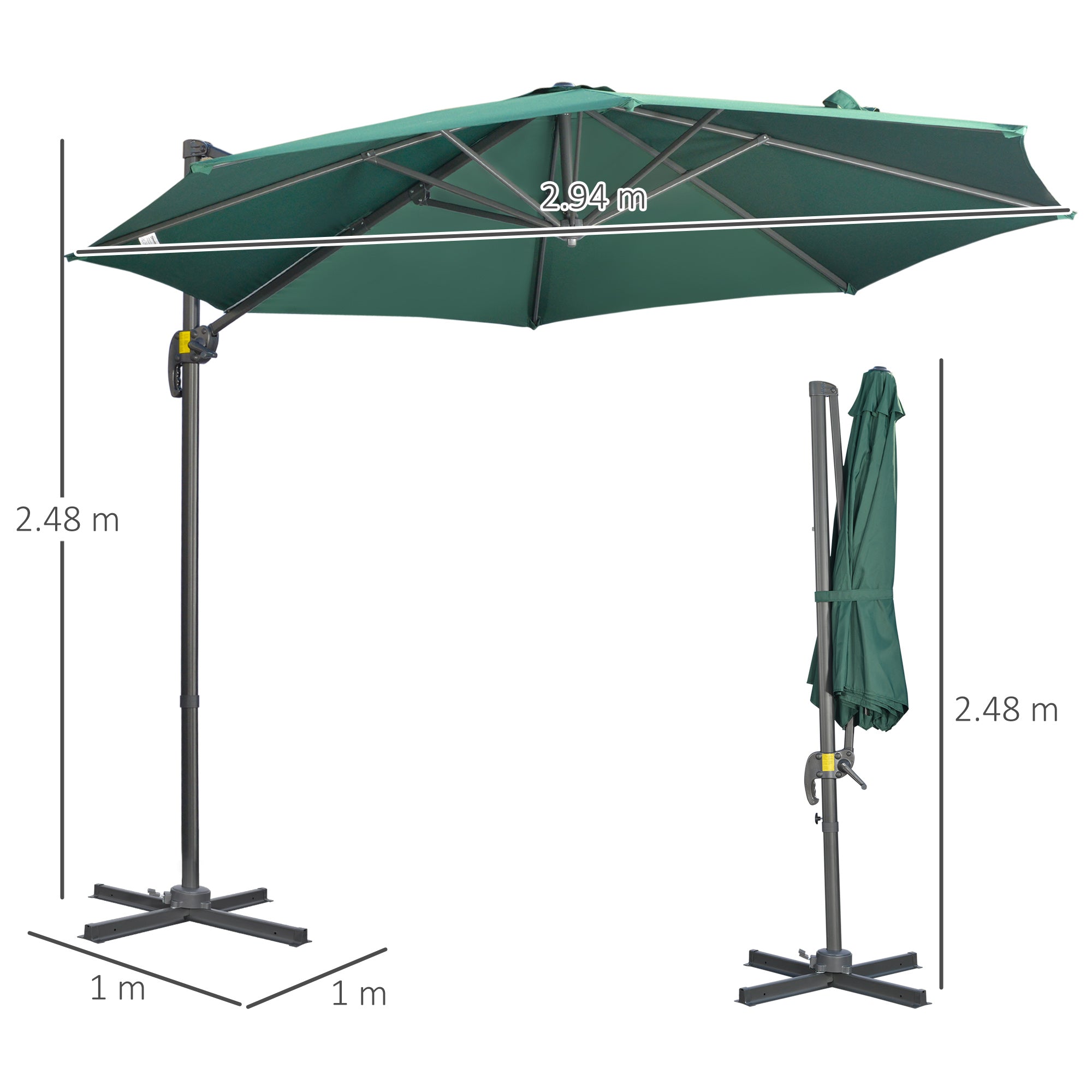 Outsunny 3 x 3(m) Cantilever Parasol with Cross Base, Garden Umbrella with 360° Rotation, Crank Handle and Tilt for Outdoor, Patio, Green - North Peak Garden Furniture