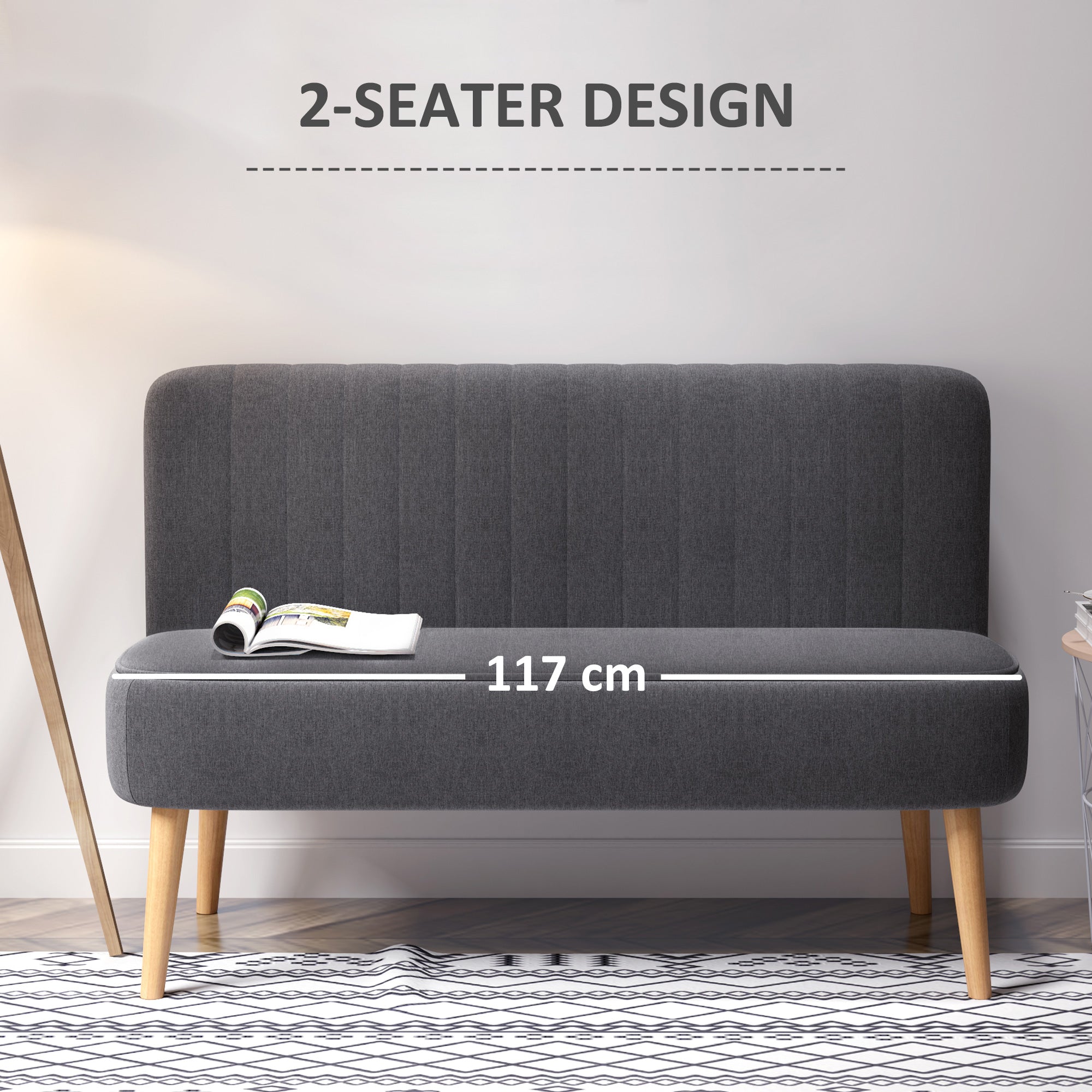 HOMCOM Modern Double Seat Sofa Loveseat Couch 2 Seater Compact Sofa Padded Linen Wood Leg Dark Grey - North Peak Garden Furniture
