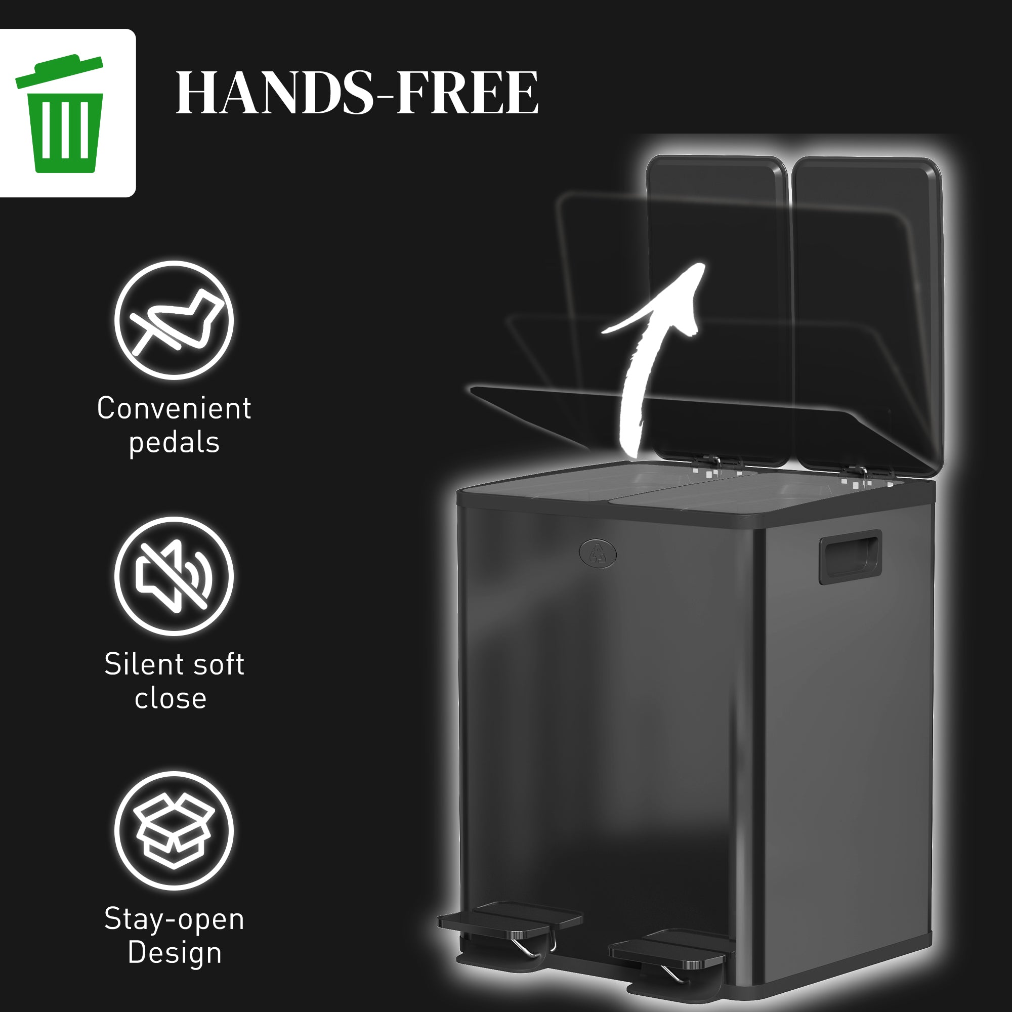 HOMCOM 40L Dual Compartment Stainless Steel Bin, with Deodoriser Holders - Black - North Peak Garden Furniture