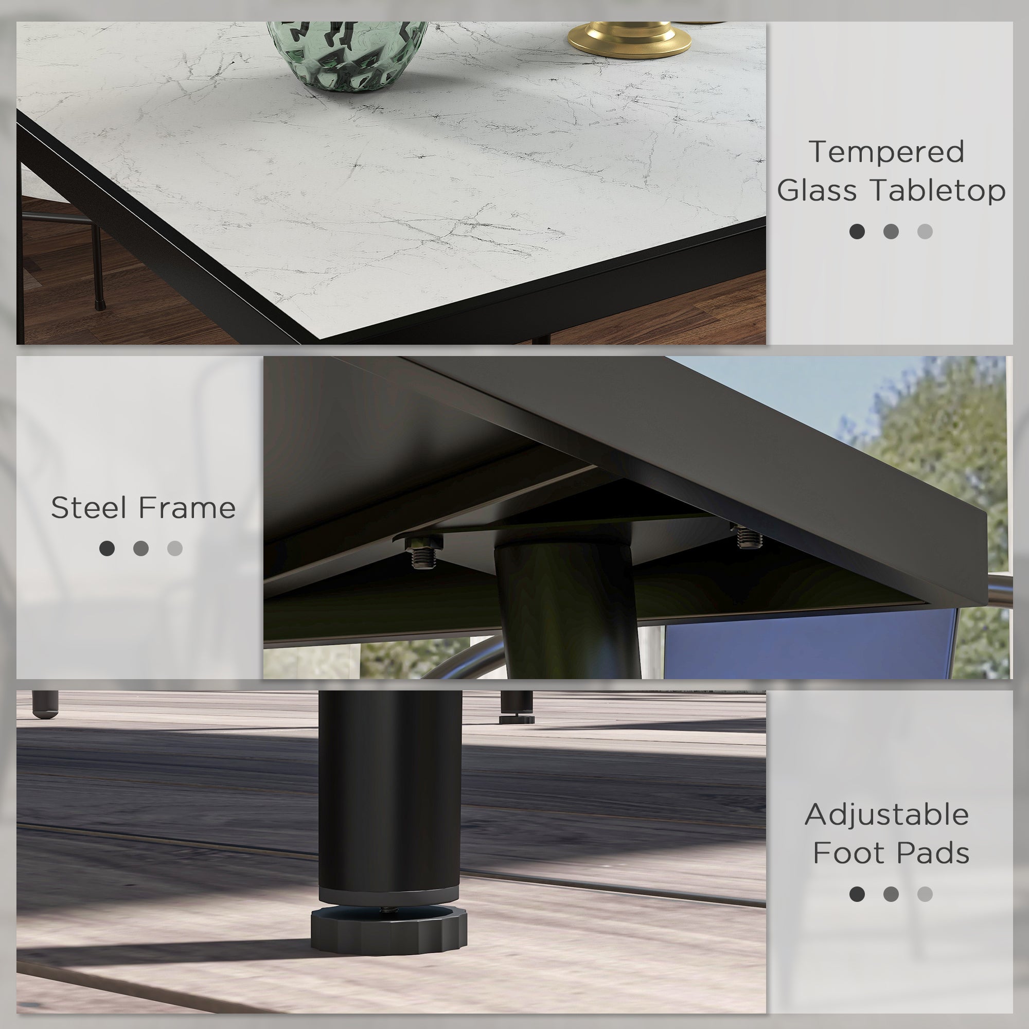Outsunny Square Garden Table, Outdoor Dining Table for 4 with Marble Effect Tempered Glass Top and Steel Frame for Patio, White - North Peak Garden Furniture
