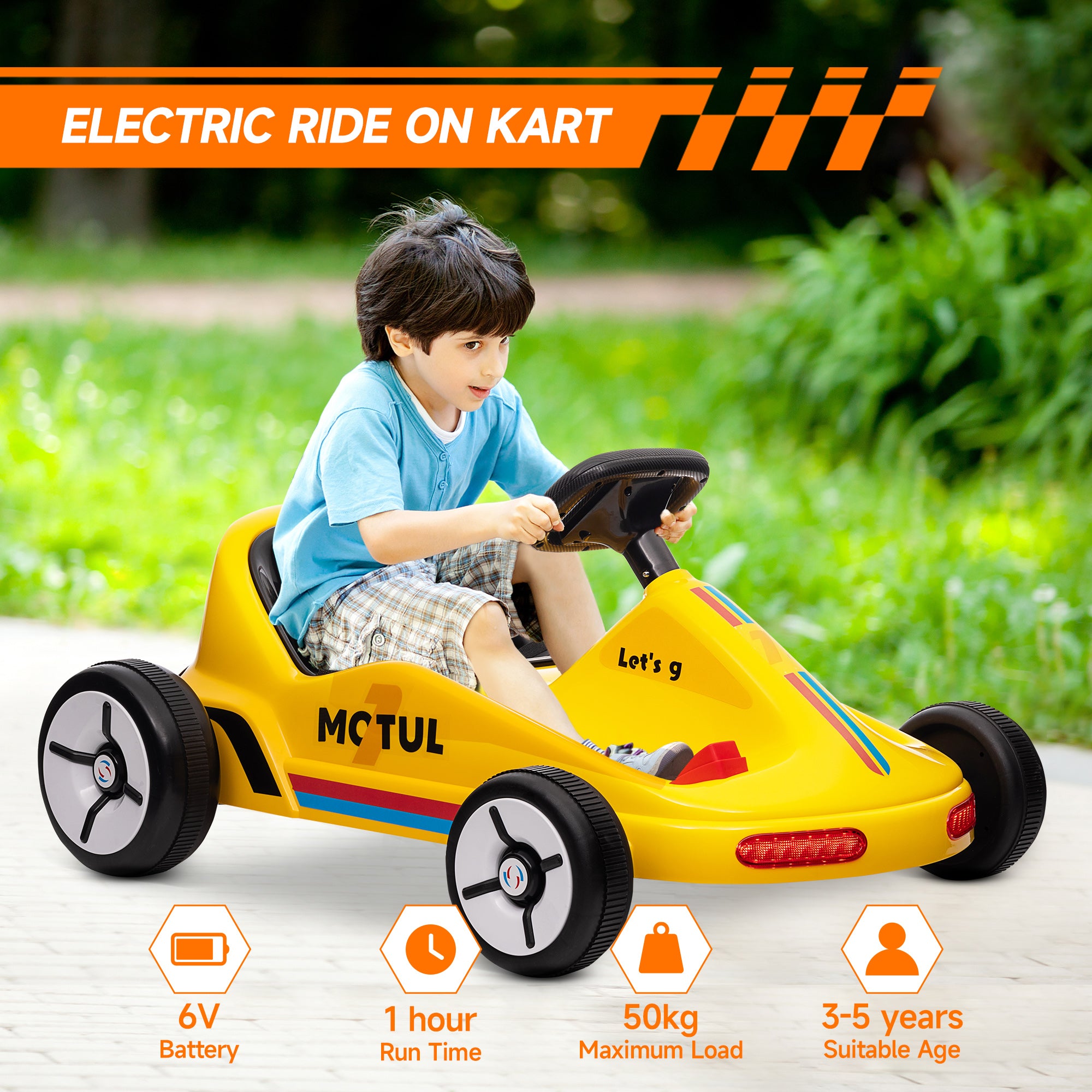 AIYAPLAY 6V Electric Go Kart for Kids with Music, Light, Horn, for 3-5 Years, Yellow - North Peak Garden Furniture