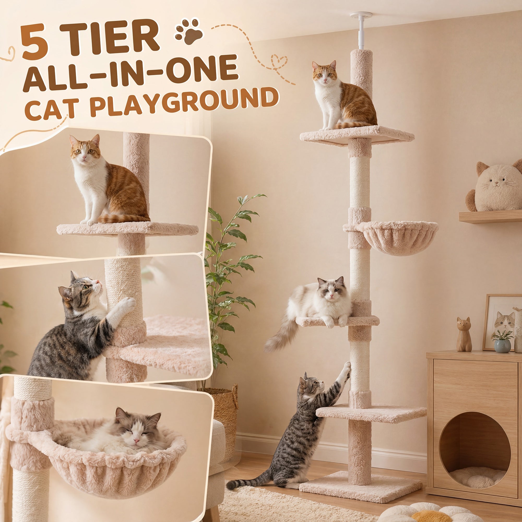 PawHut Floor to Ceiling Cat Tree for Indoor Cats 5-Tier Kitty Tower Climbing Activity Center Scratching Post Adjustable Height 230-260 cm Beige