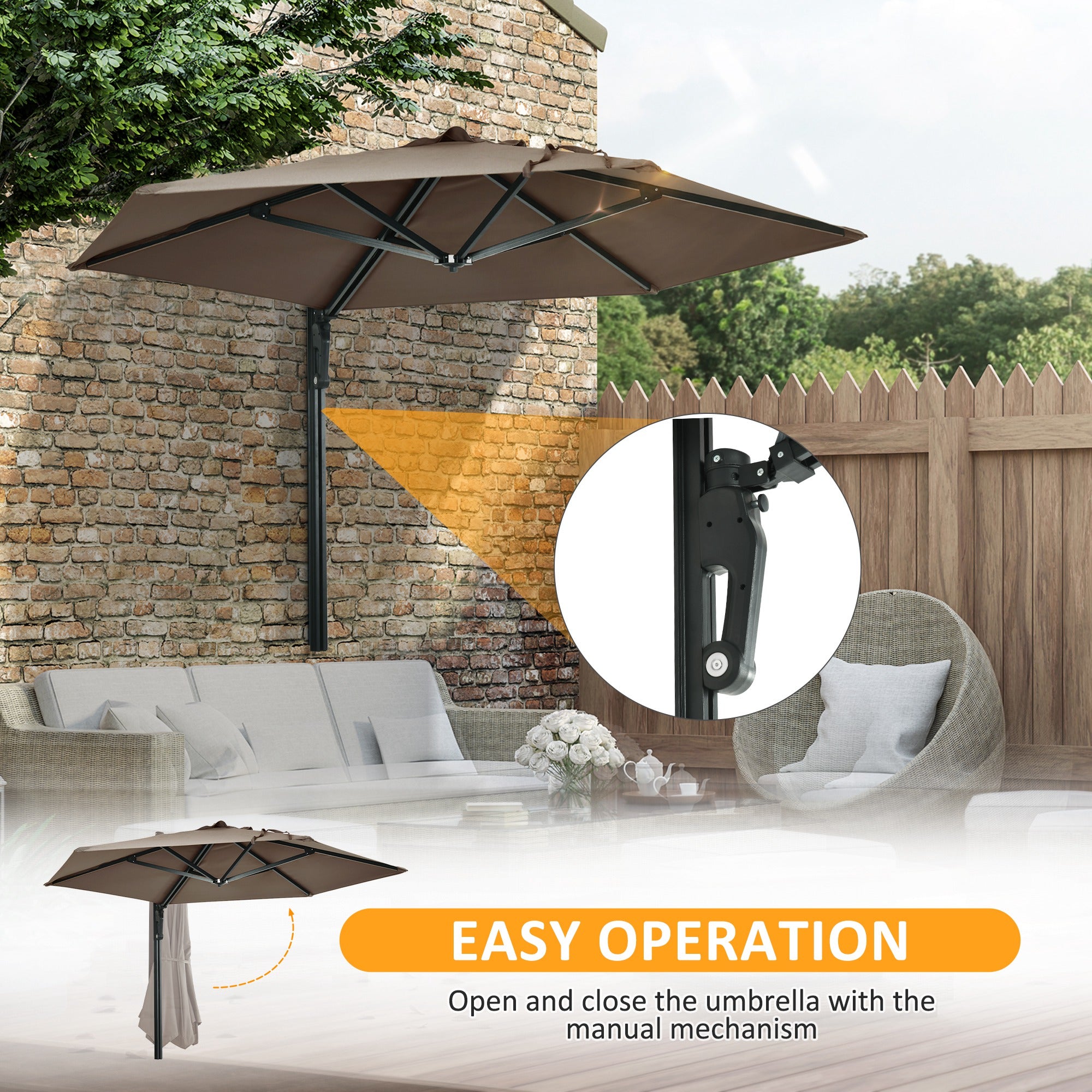 Outsunny 2.5m Wall Mounted Parasol, Hand to Push Outdoor Patio Umbrella with 180 Degree Rotatable Canopy for Porch, Deck, Garden, 250 cm, Khaki - North Peak Garden Furniture