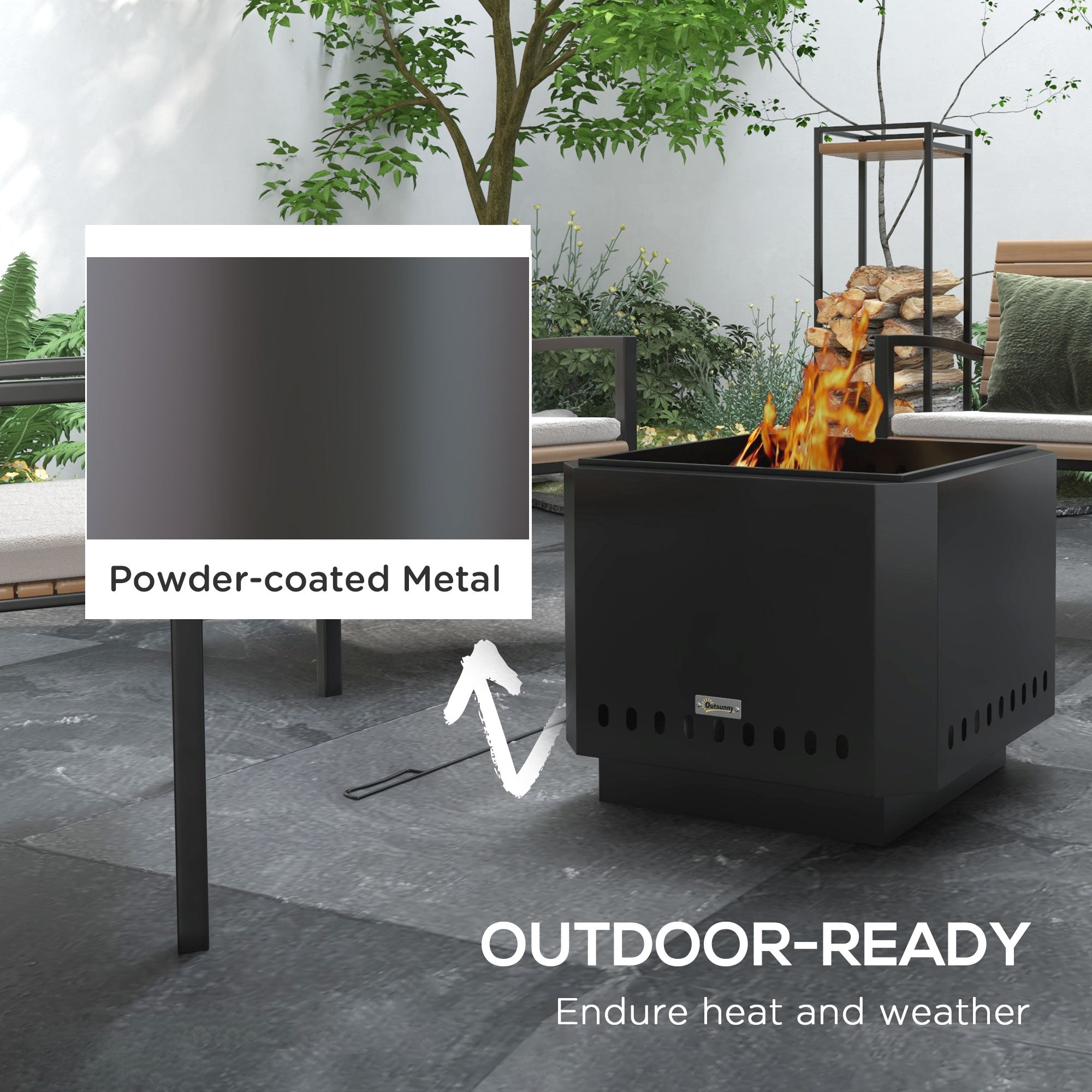Outsunny Smokeless Fire Pit, 48 cm Portable Wood Burning Firepit, Square Metal Bonfire Stove with Poker, Black