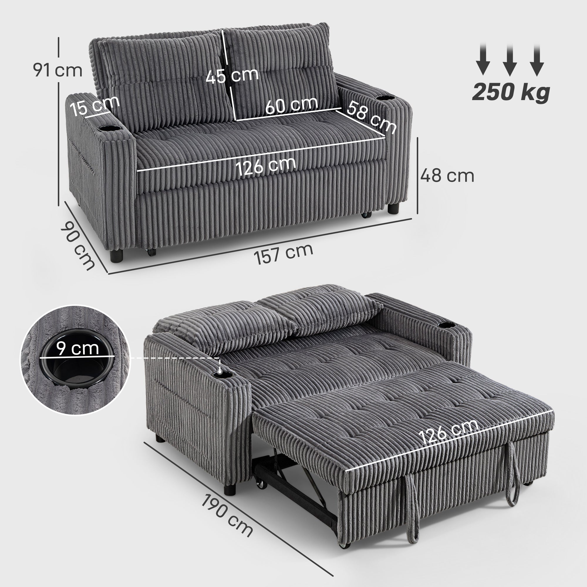 HOMCOM 2 Seater Click Clack Sofa Bed with Pull Out Design, Corduroy Upholstery - Charcoal Grey