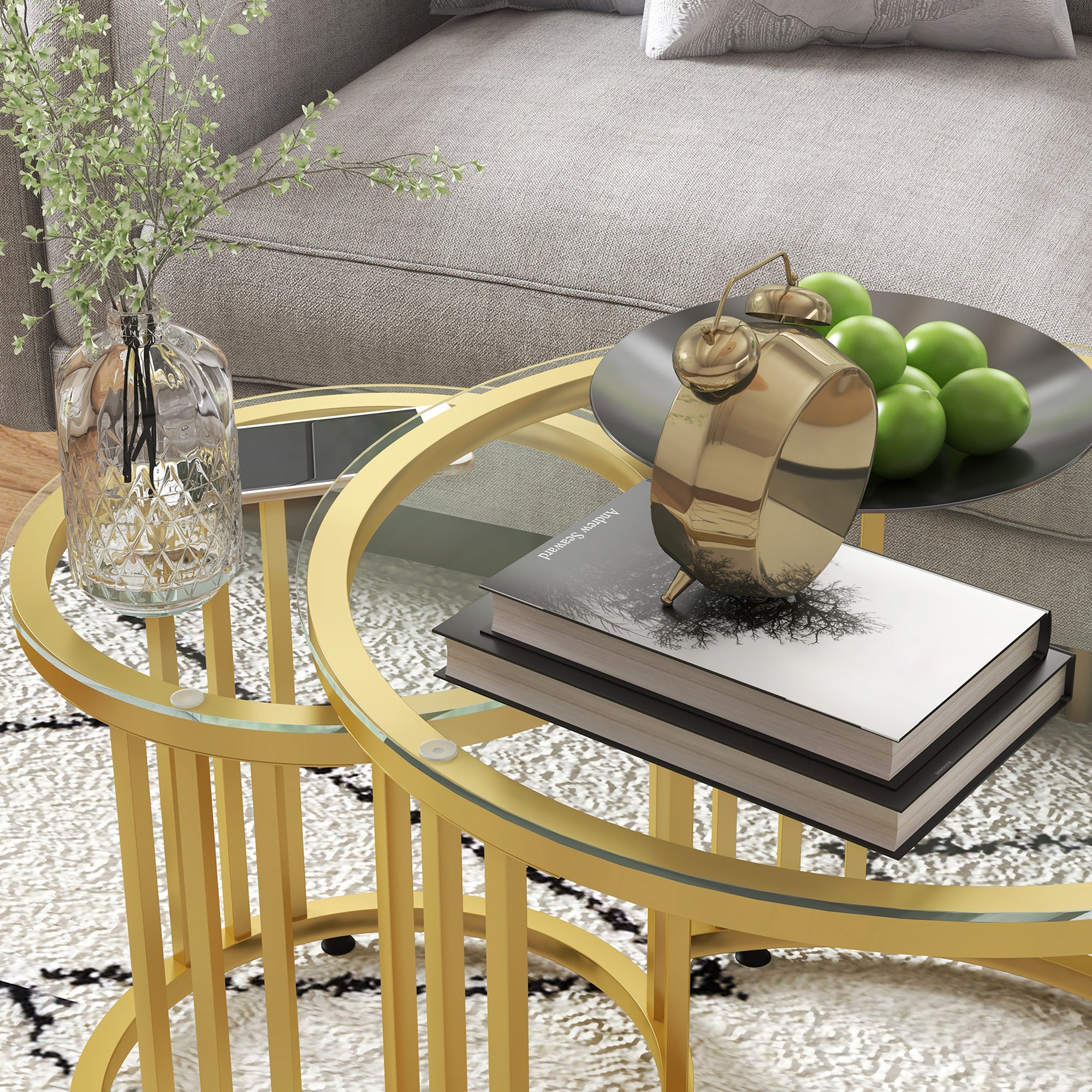 HOMCOM Round Coffee Tables Set of 2, Nesting Tables with Tempered Glass Top and Steel Frame, 60cmx60cmx47cm, Gold Tone - North Peak Garden Furniture