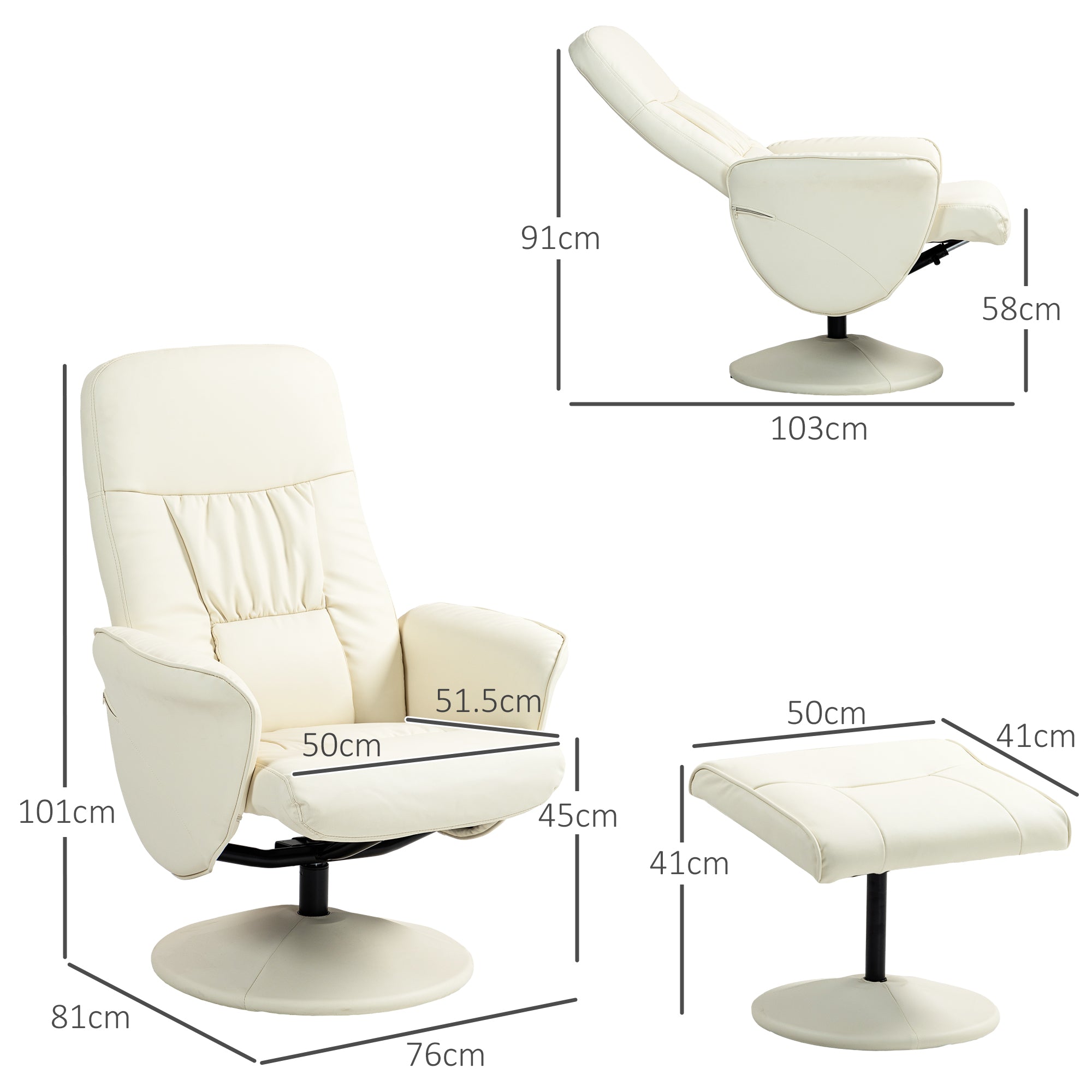 HOMCOM Swivel Recliner Chair with Footstool, PU Leather Armchair and Ottoman with High Back and Round Base for Living Room, Cream White - North Peak Garden Furniture