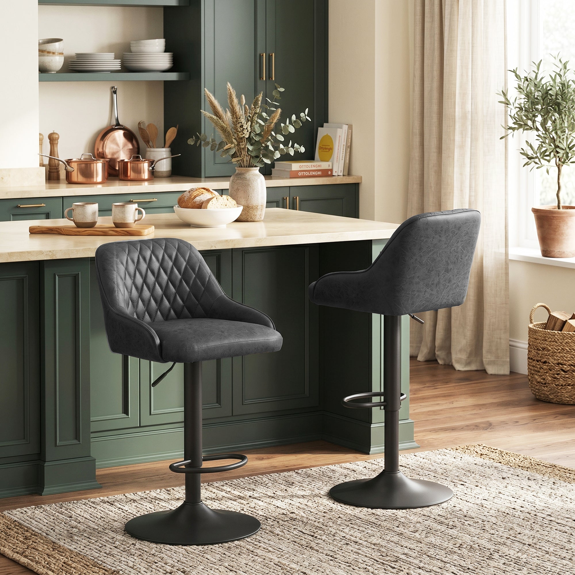 HOMCOM Bar Stools Adjustable Swivel Kitchen Chairs with Backrest Set of 2 for Kitchen Island Black